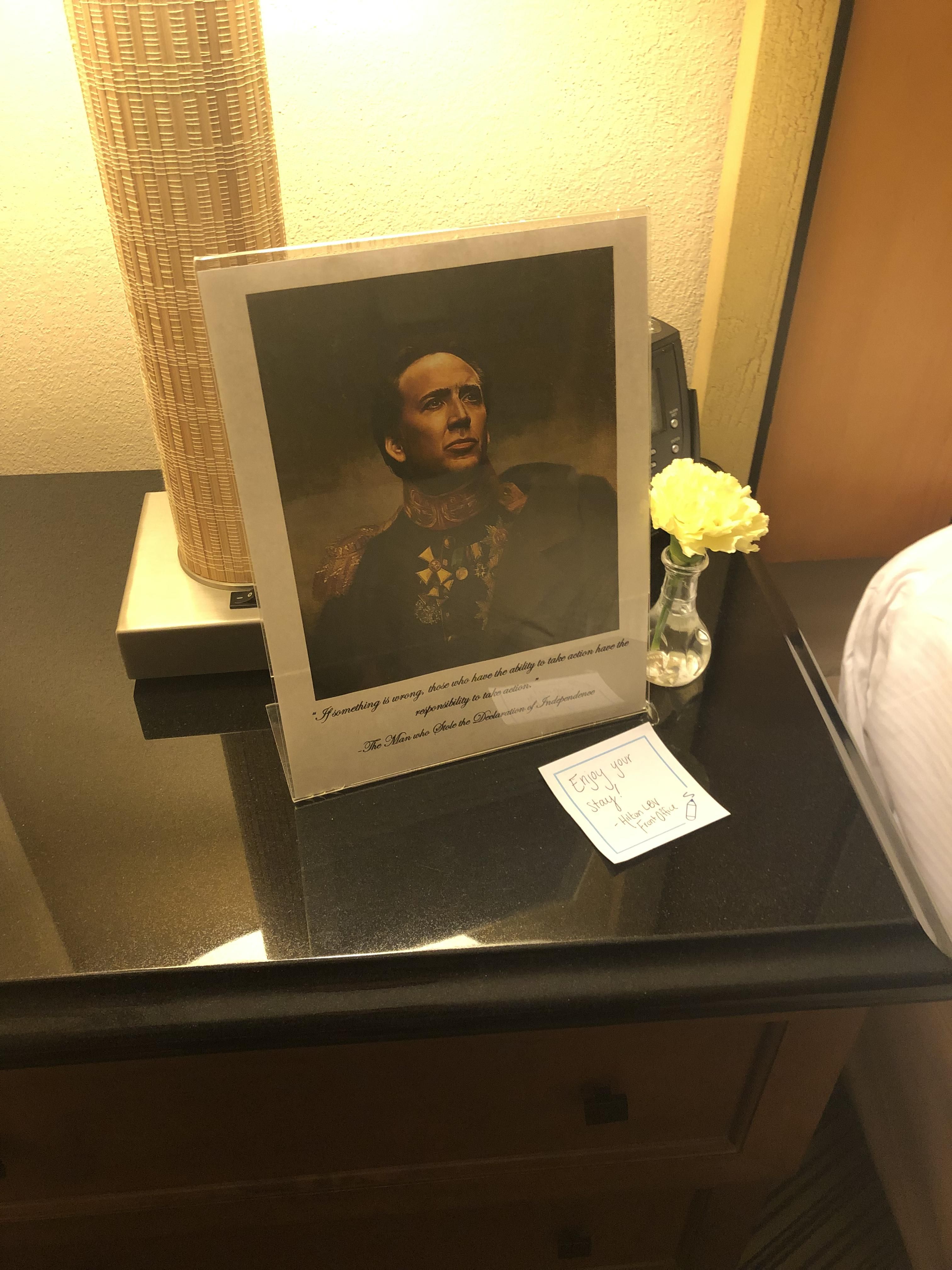 I requested a Nicolas Cage picture on the bedside of the hotel I’m staying at online in the special request section... They delivered!