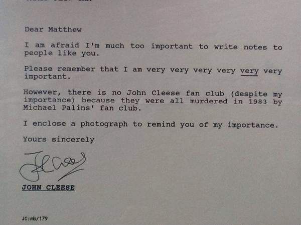 John Cleese writes to a 14-year-old fan