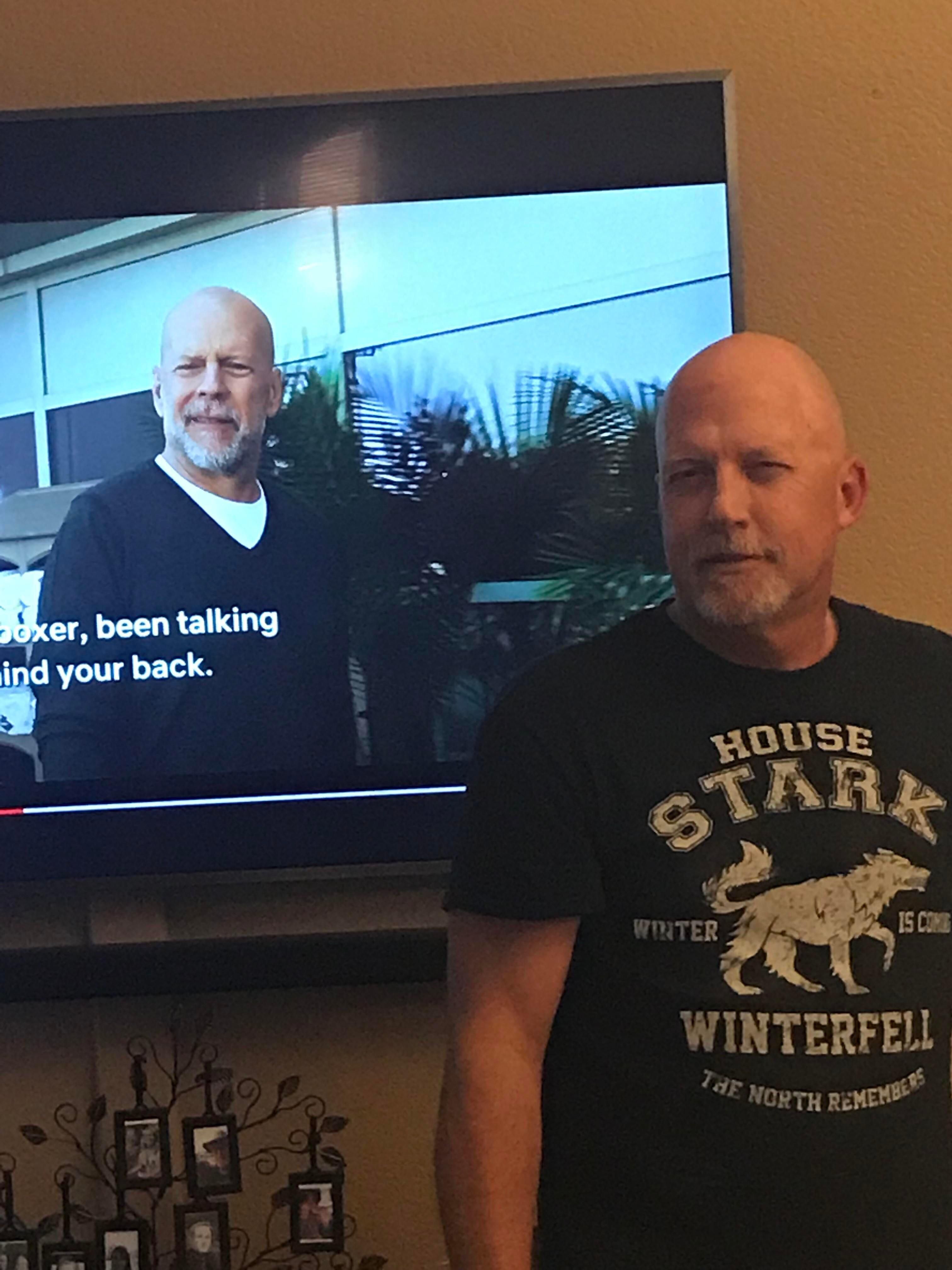 We’ve been telling my dad he looks like Bruce Willis. Finally got a chance to show him.