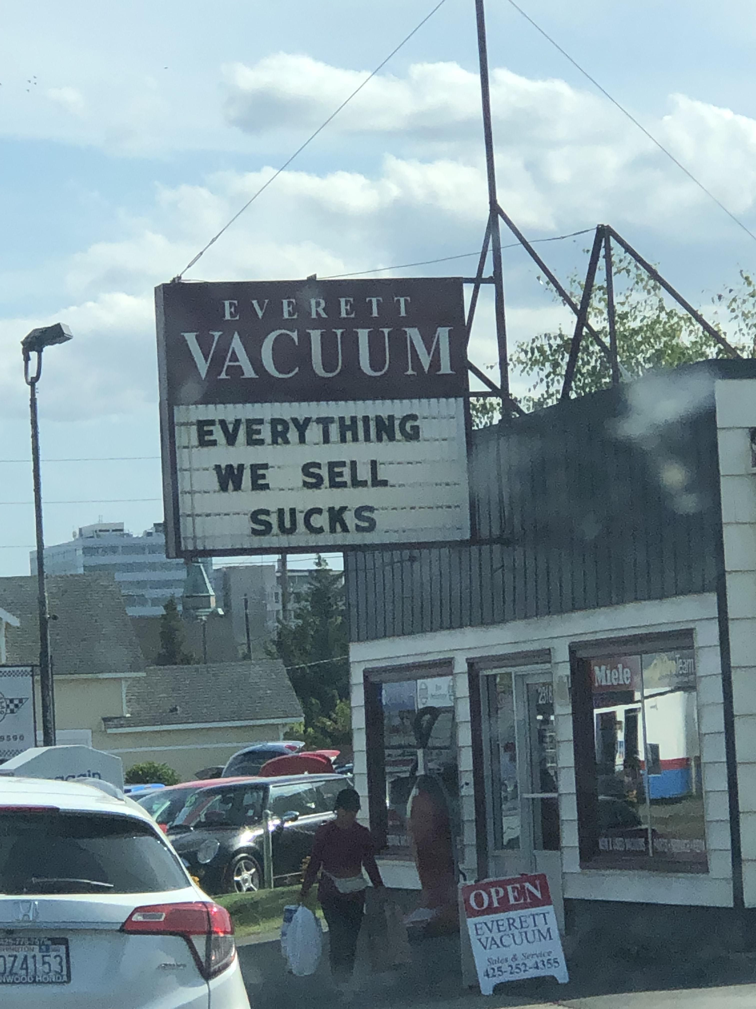 Great sign for a vaccum shop.