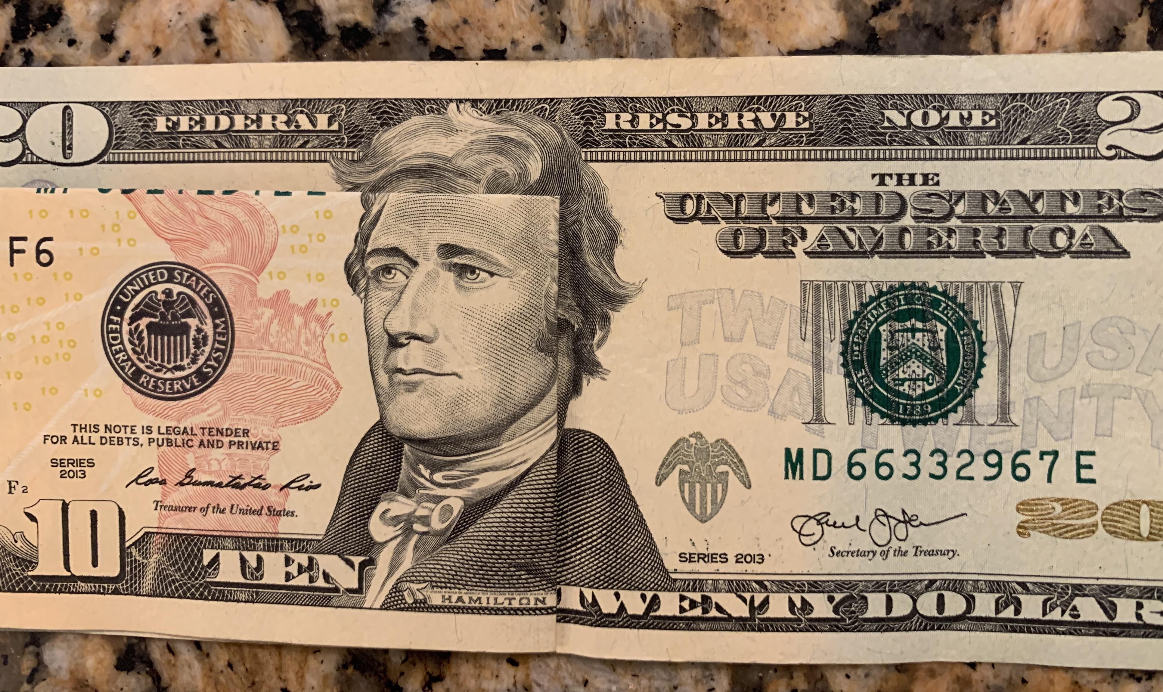 A folded Hamilton $10 + a Jackson $20 = The Hottest Founding Father Ever!