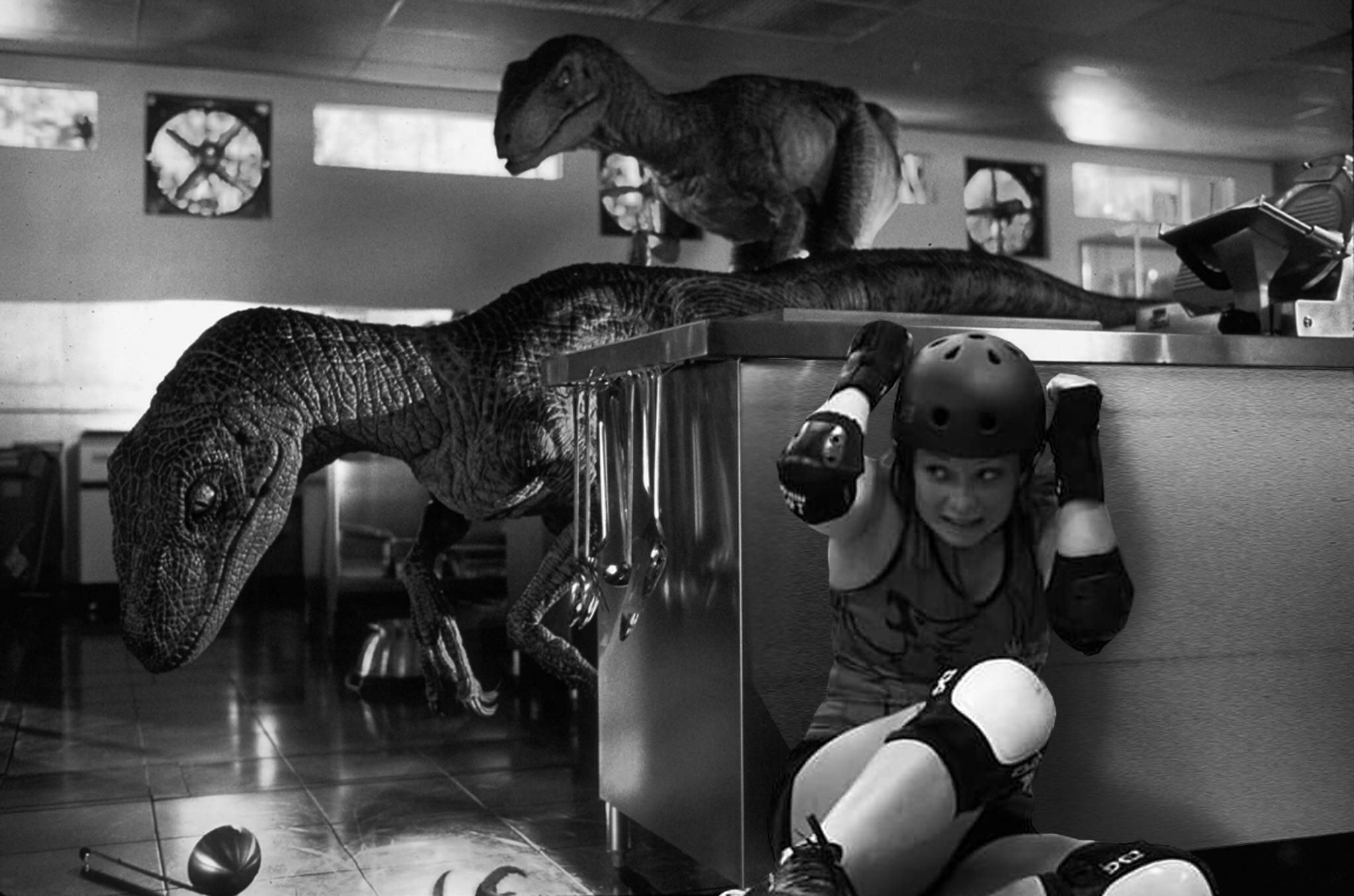 My friend plays roller derby. A photographer caught an interesting picture of her during a championship game and I felt it needed more dinosaurs...