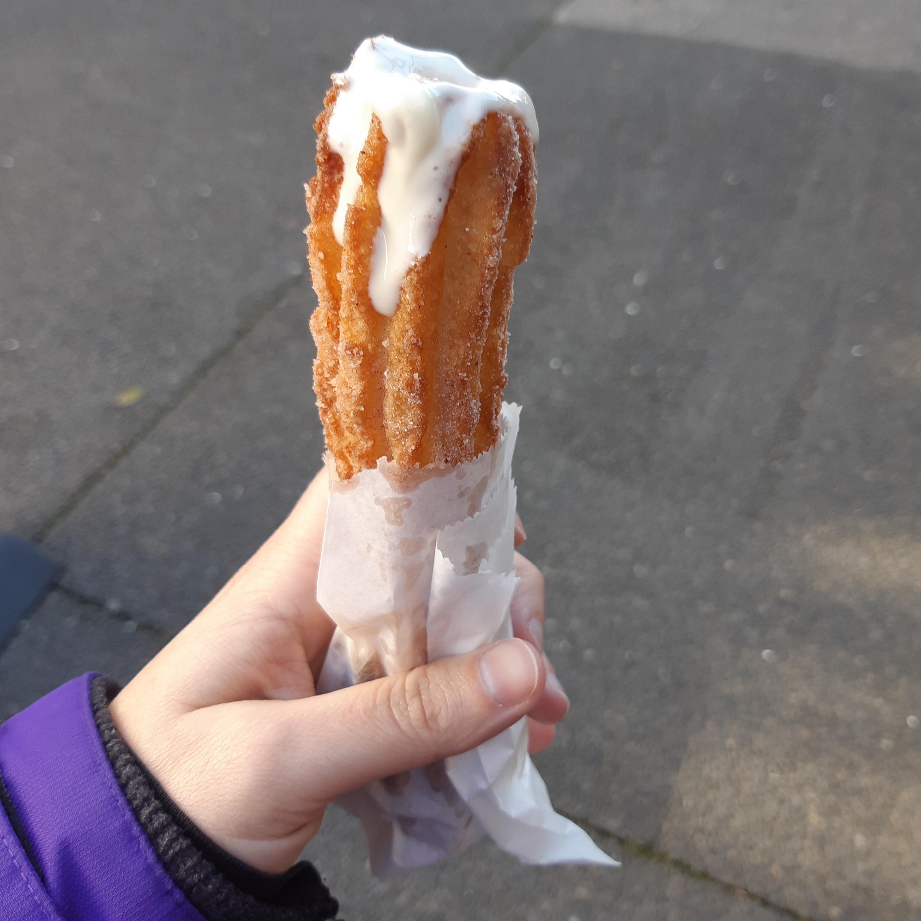 Got a Jumbo Churro with white chocolate sauce. I did not think this through...