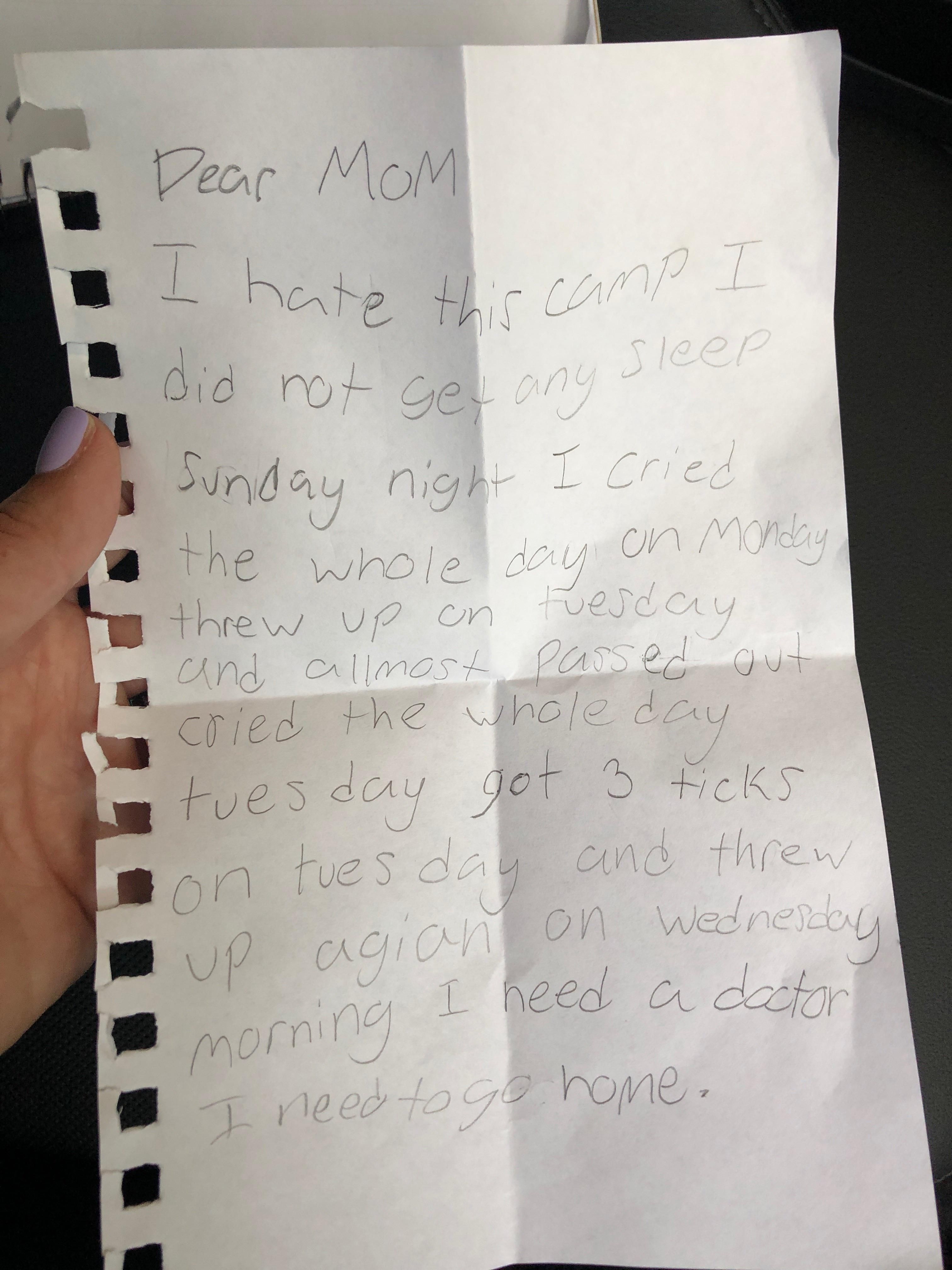 A letter my nephew sent home from camp today