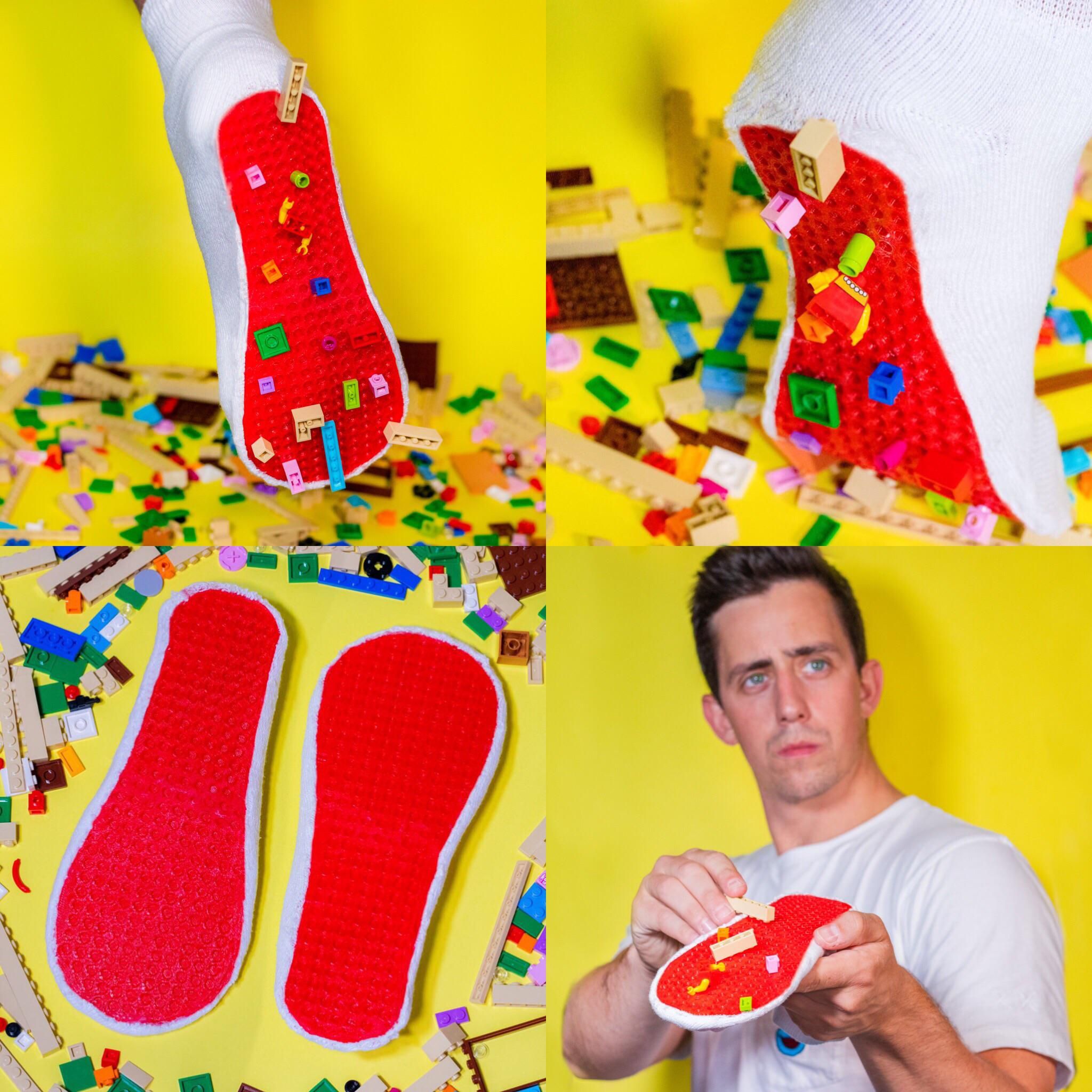 Hate stepping on Legos? I made a pair of lego socks so simply pick them up as you go, pain-free!