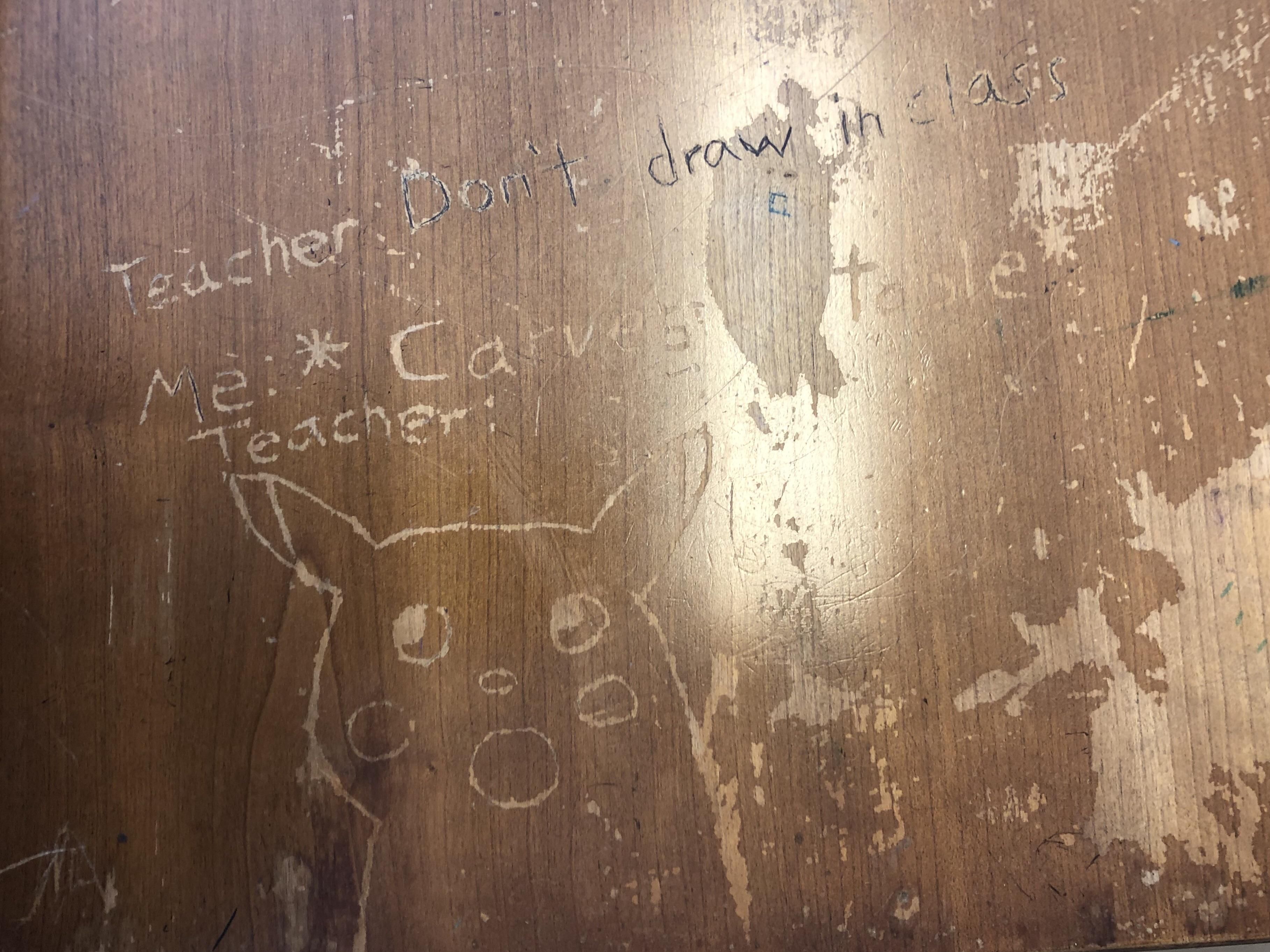 Found carved into a desk where I taught some classes this summer