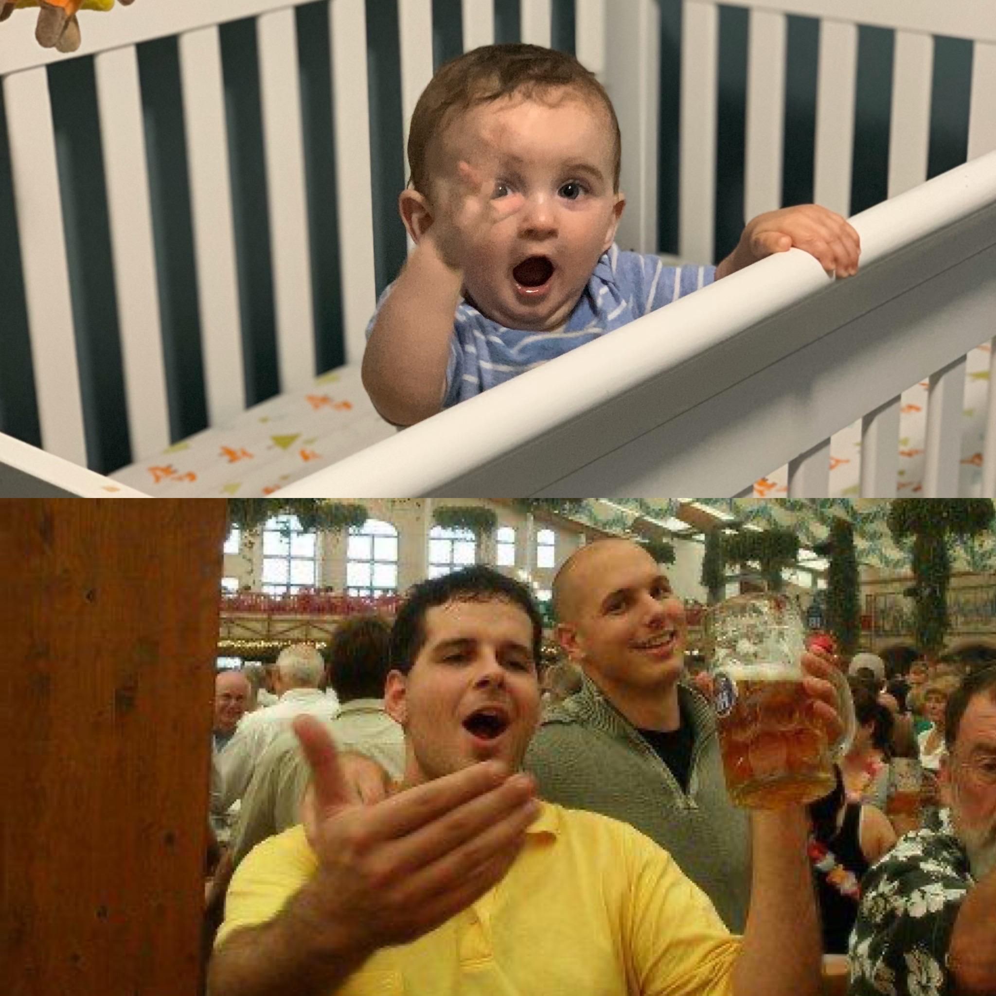 Sent my bro a pic of my 9-mo old son; he immediately dug up a pic of me 15 years earlier at Oktoberfest.