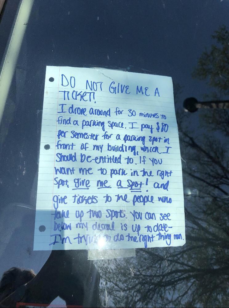 Note left behind by guy at my university who parked in the grass