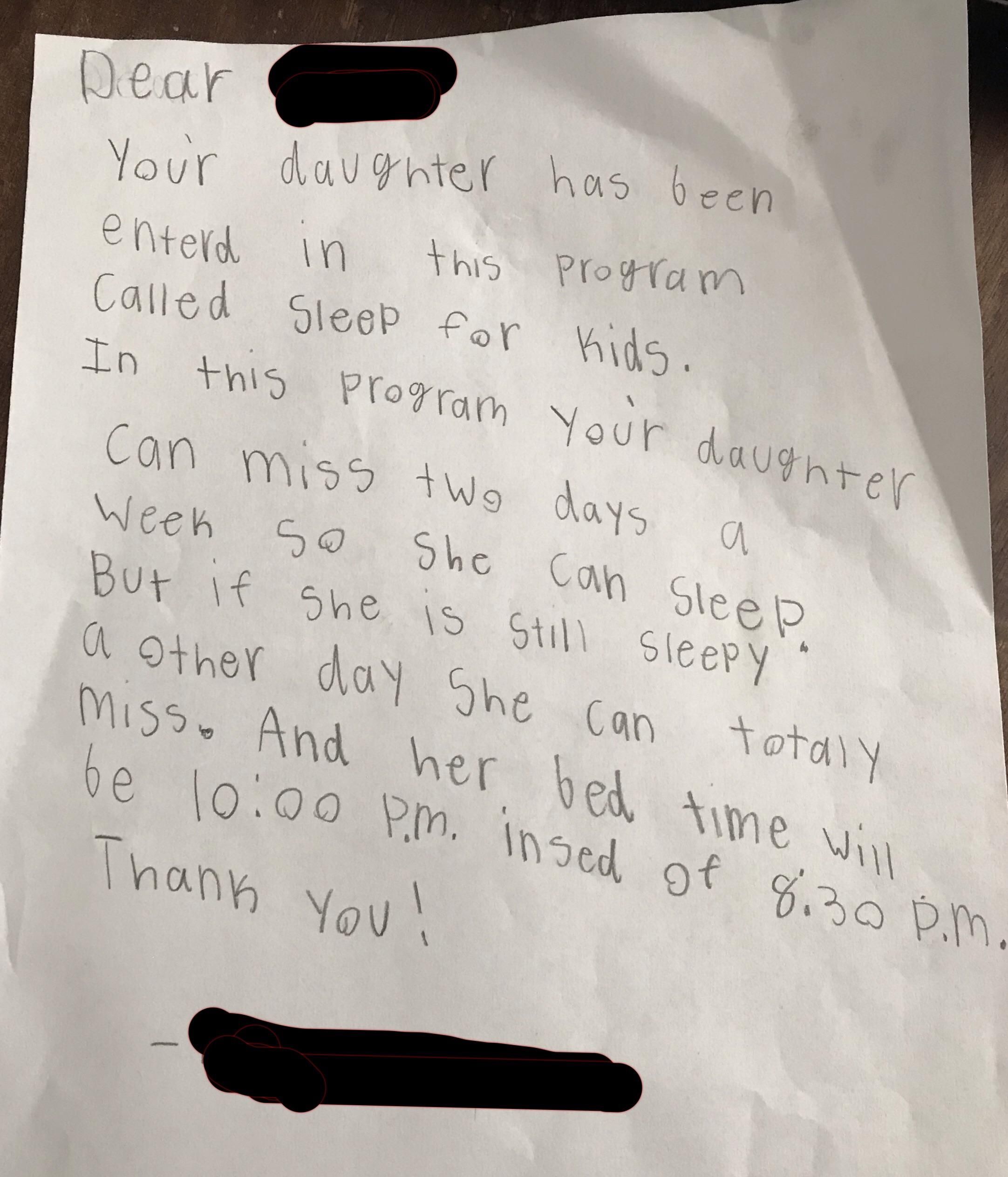 My daughter gave me this letter yesterday after school and said it was from her teacher.