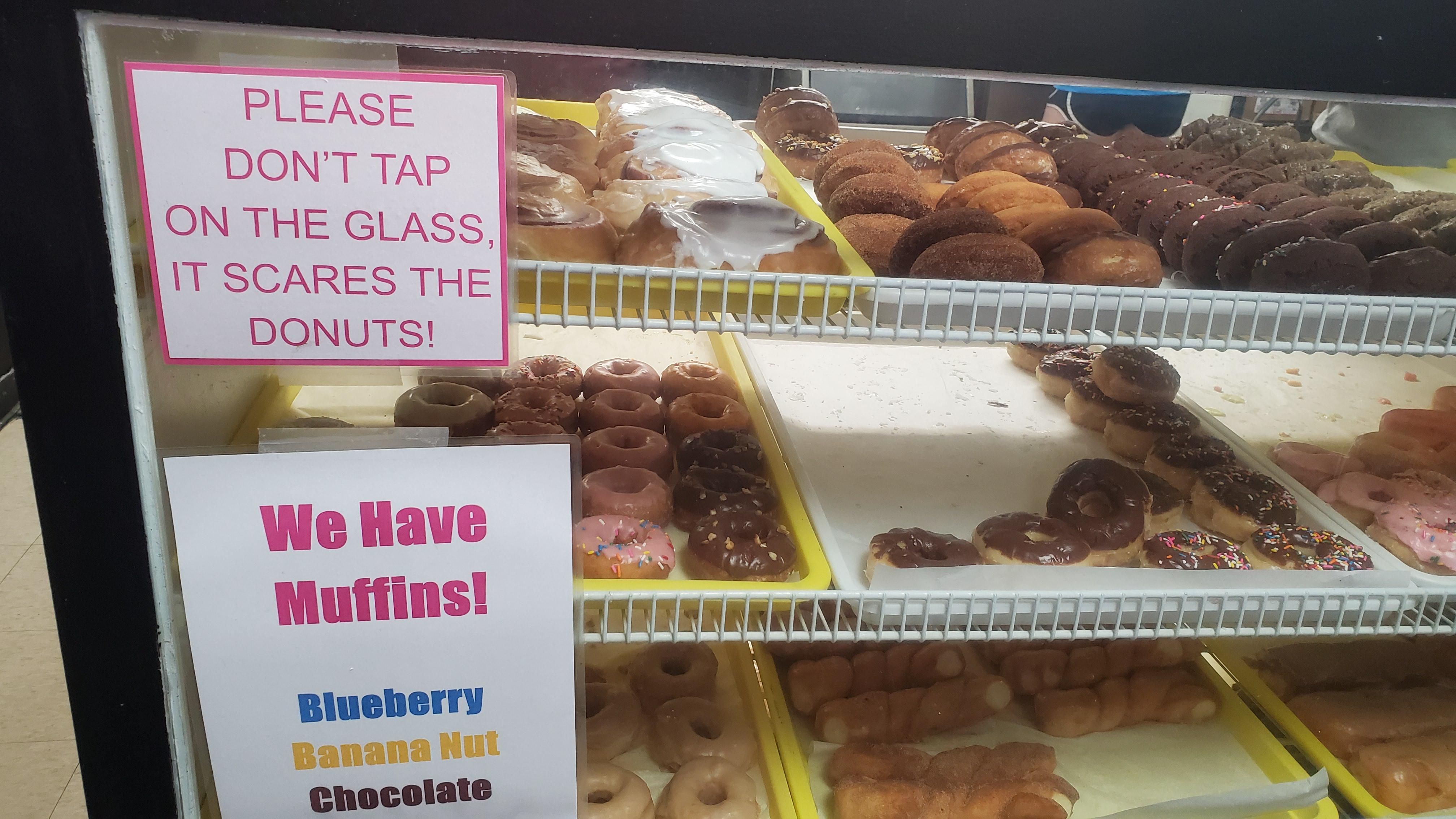 The sign on the donut display at our local shop.
