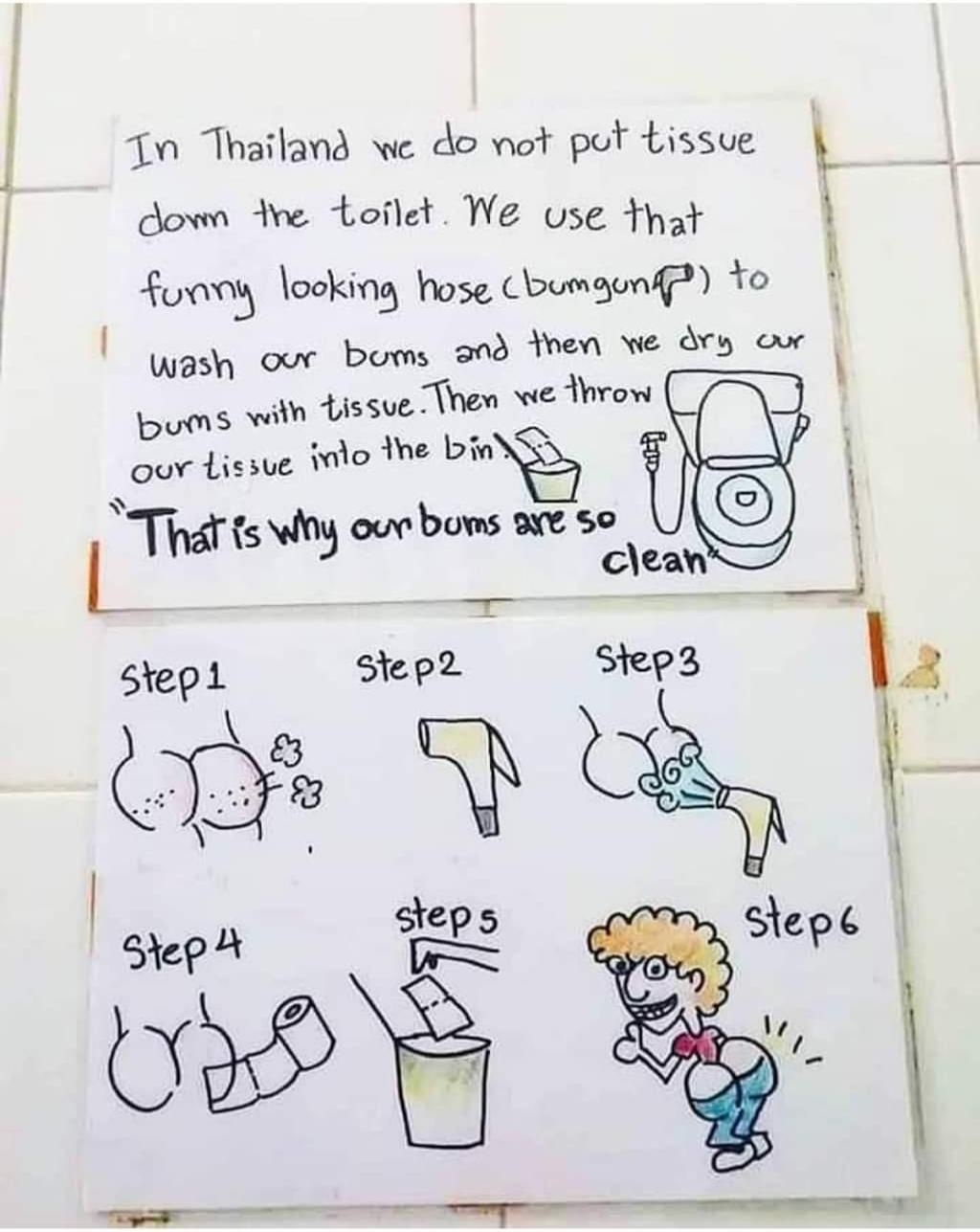 Came across this simple illustrated 6-step guide teaching foreigners how to poop in Thailand.
