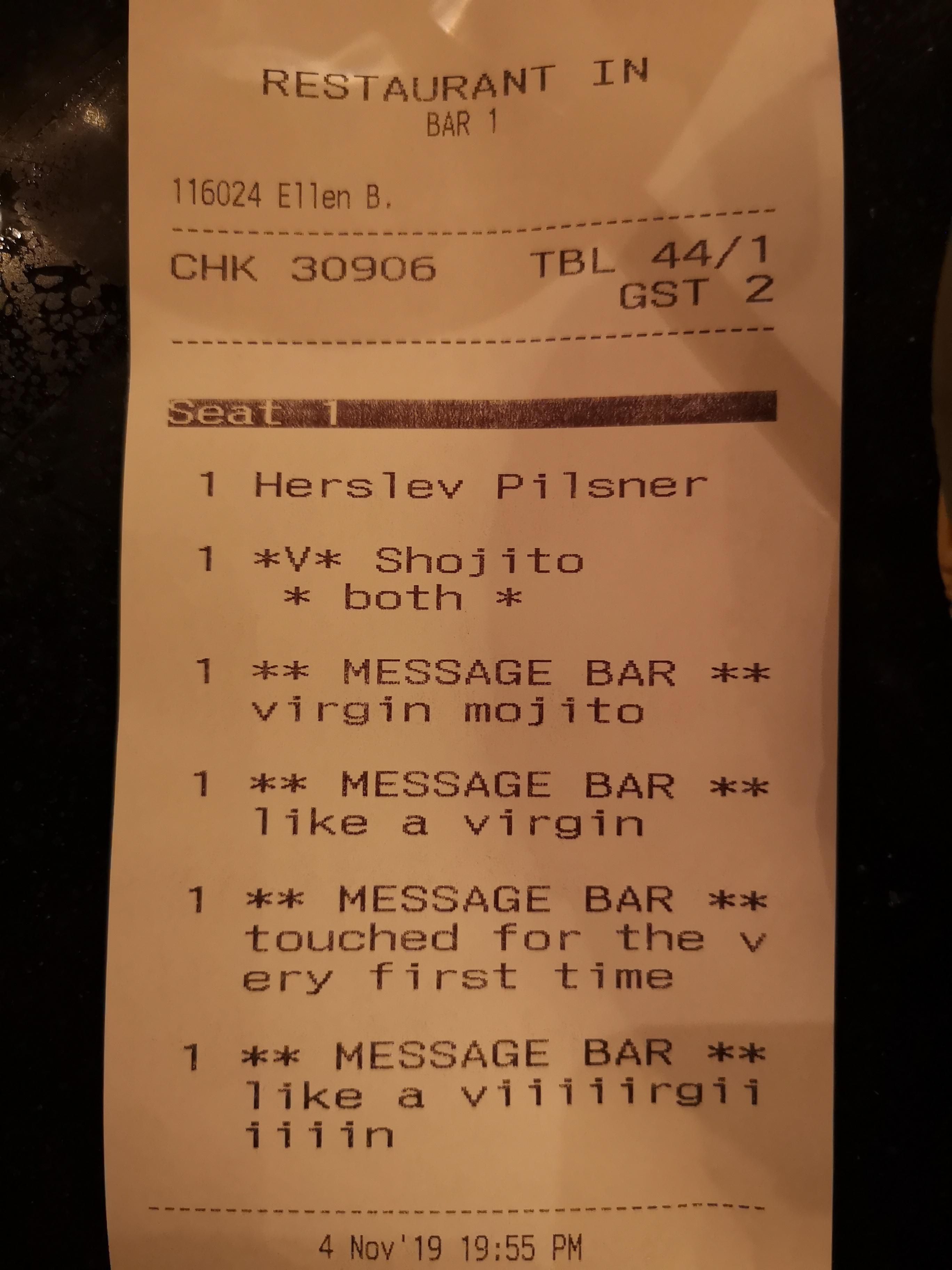 Ordered a virgin mojito at the bar. The bar staff was slightly bored I think.