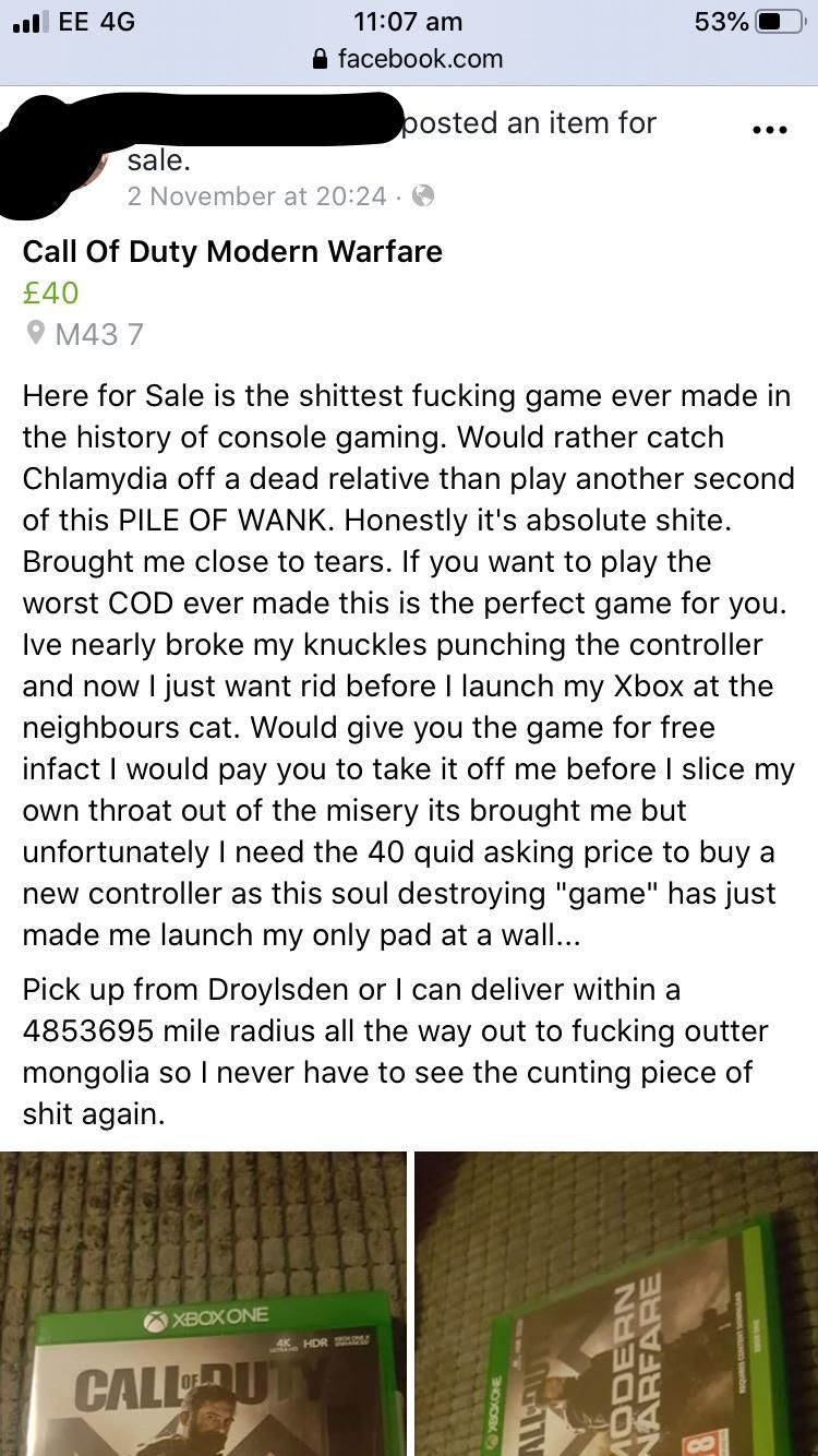 Guy wants to sell his copy of Modern Warfare