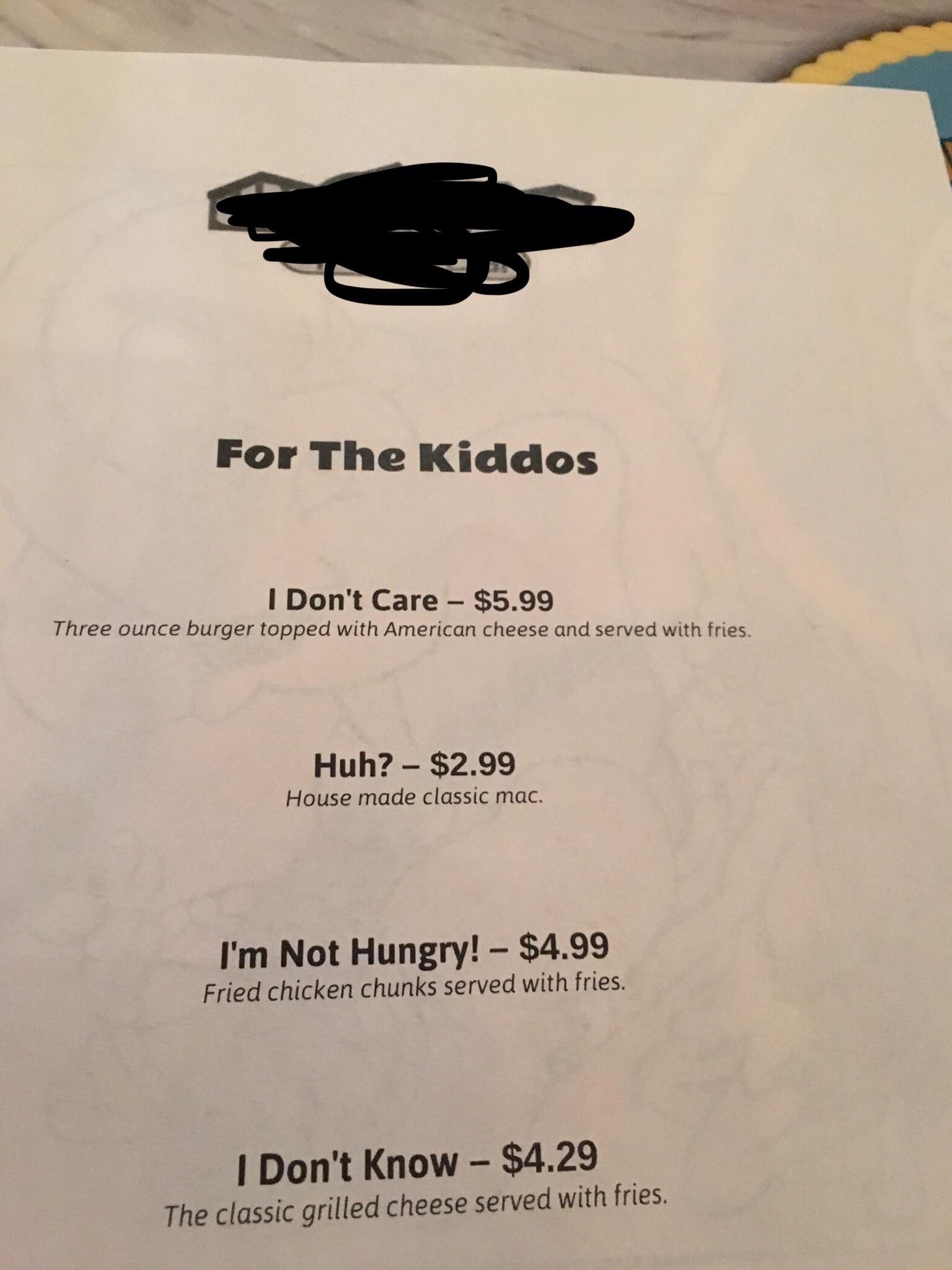 Kids menu at my local restaurant