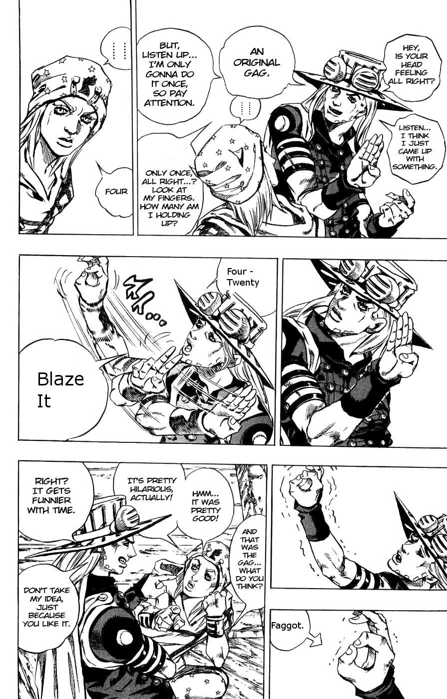 Johnny Joestar sarcastically compliments Gyro's outdated dank meme