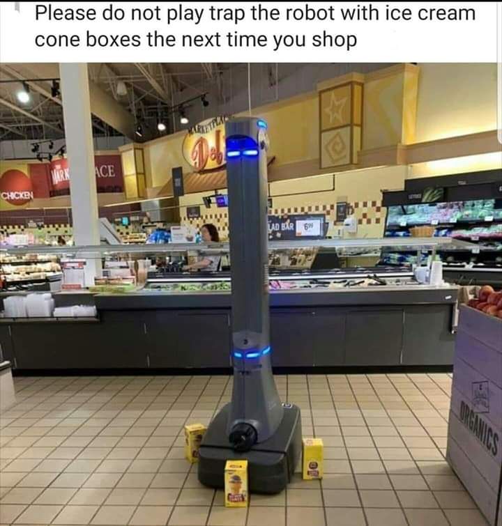 Robot "Trapped" by Ice Cream Cone Boxes