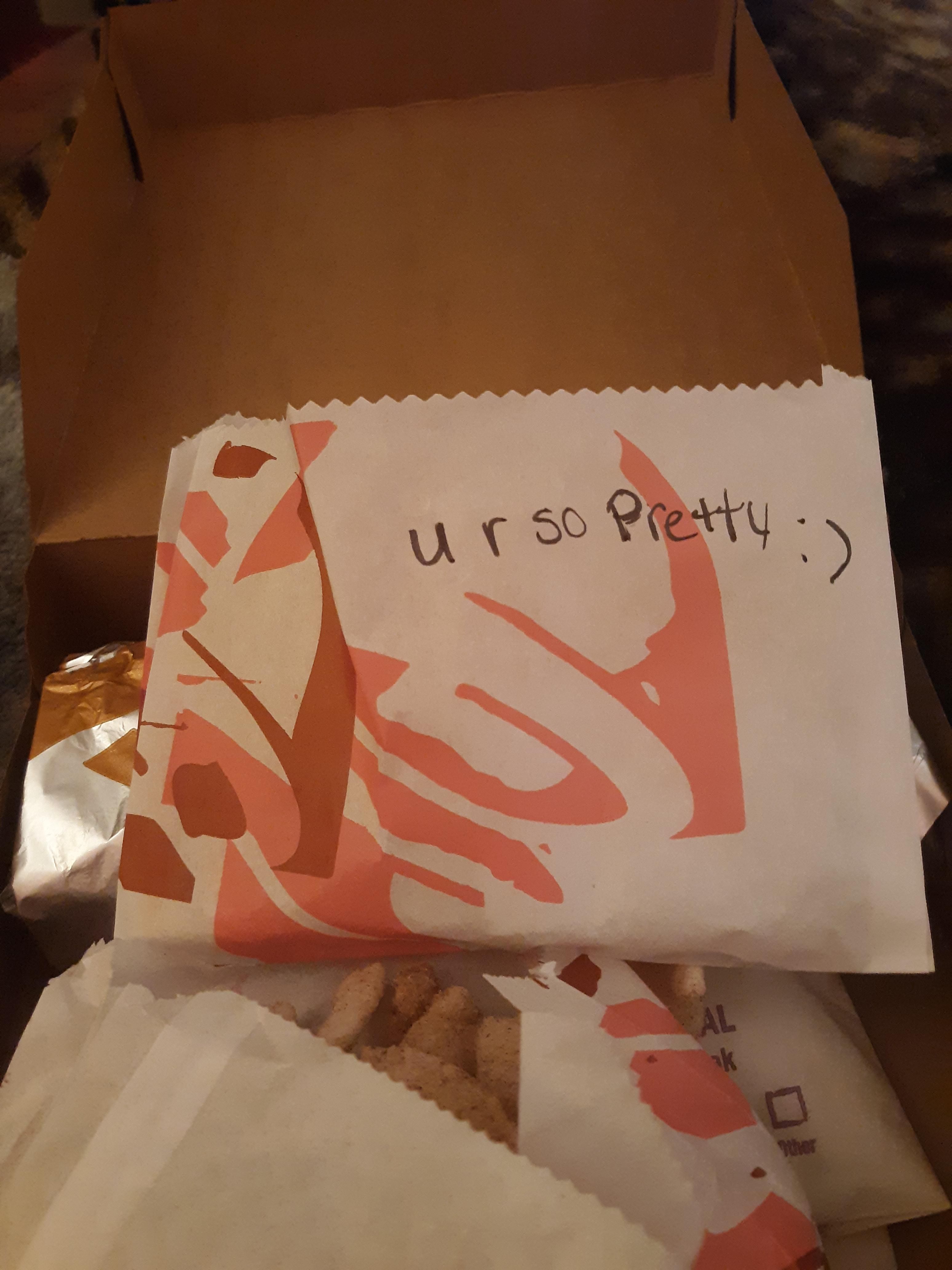 Somebody wrote this in my taco bell box. I'm a big burly guy. I dont know how to feel.