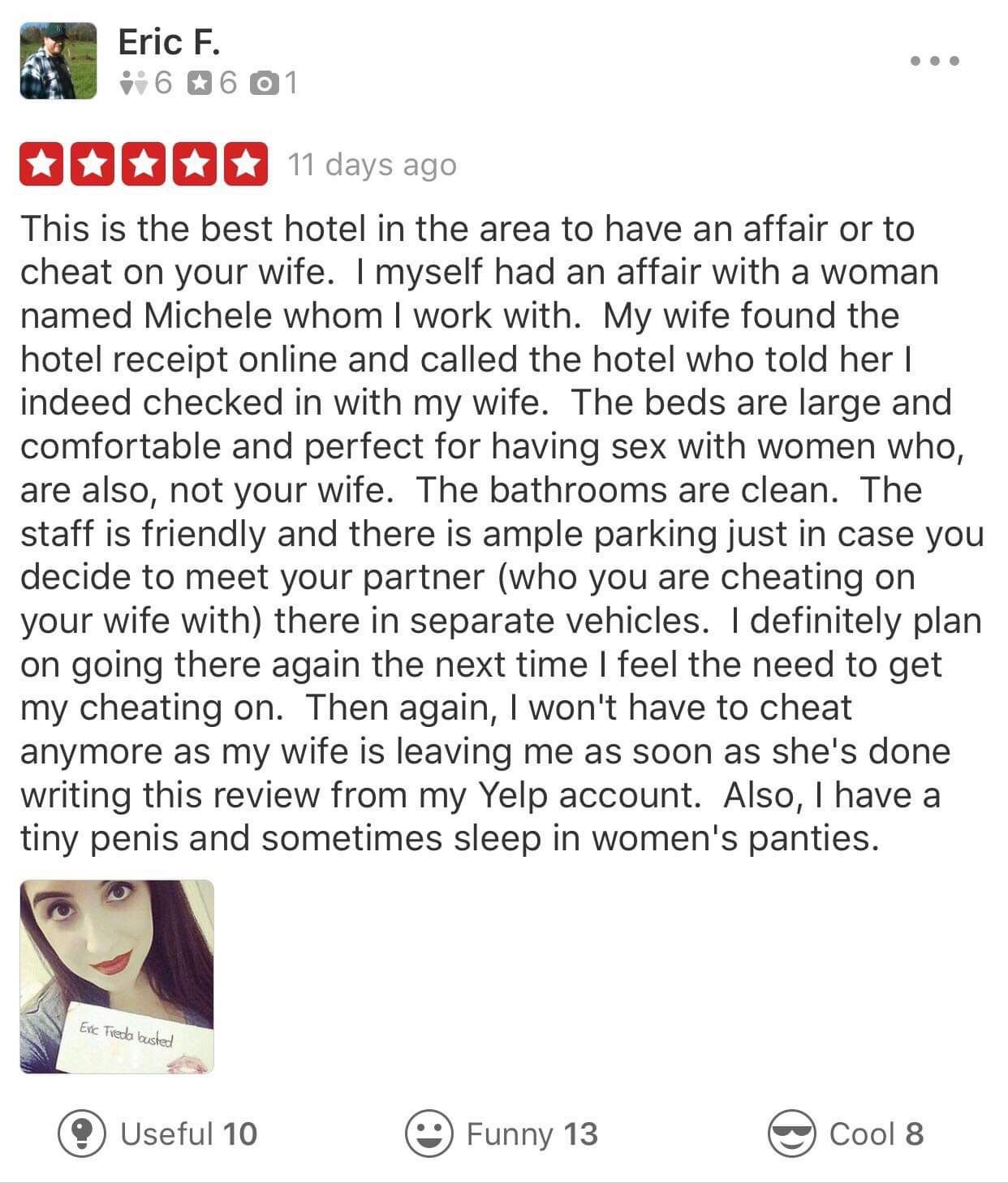 Wife finds husband cheating...leaves a hotel review