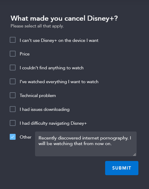 Cancelling Disney+ after the free trial.