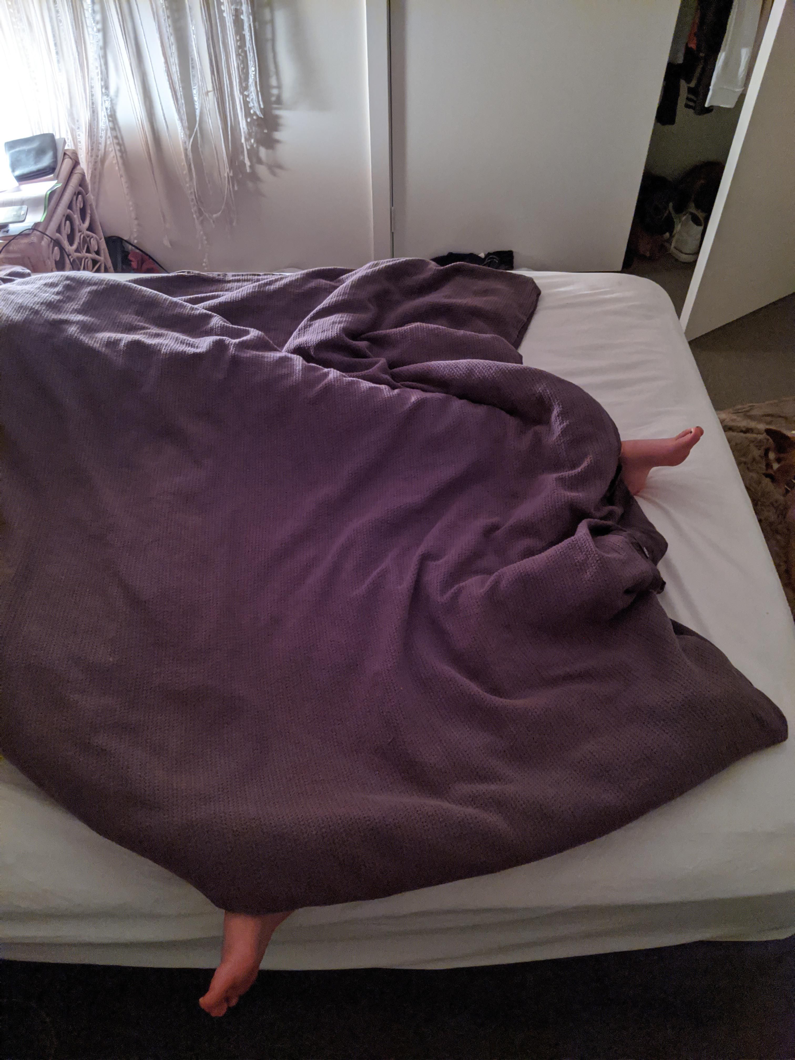 My girlfriend says she doesn't take up that much room in bed. I walked into the room last night and she was sleeping like this