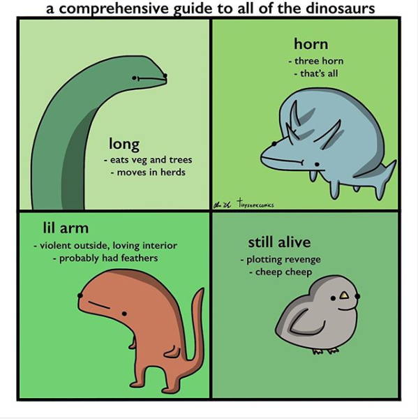 "A comprehensive guide to all of the dinosaurs" by Tiny Snek Comics