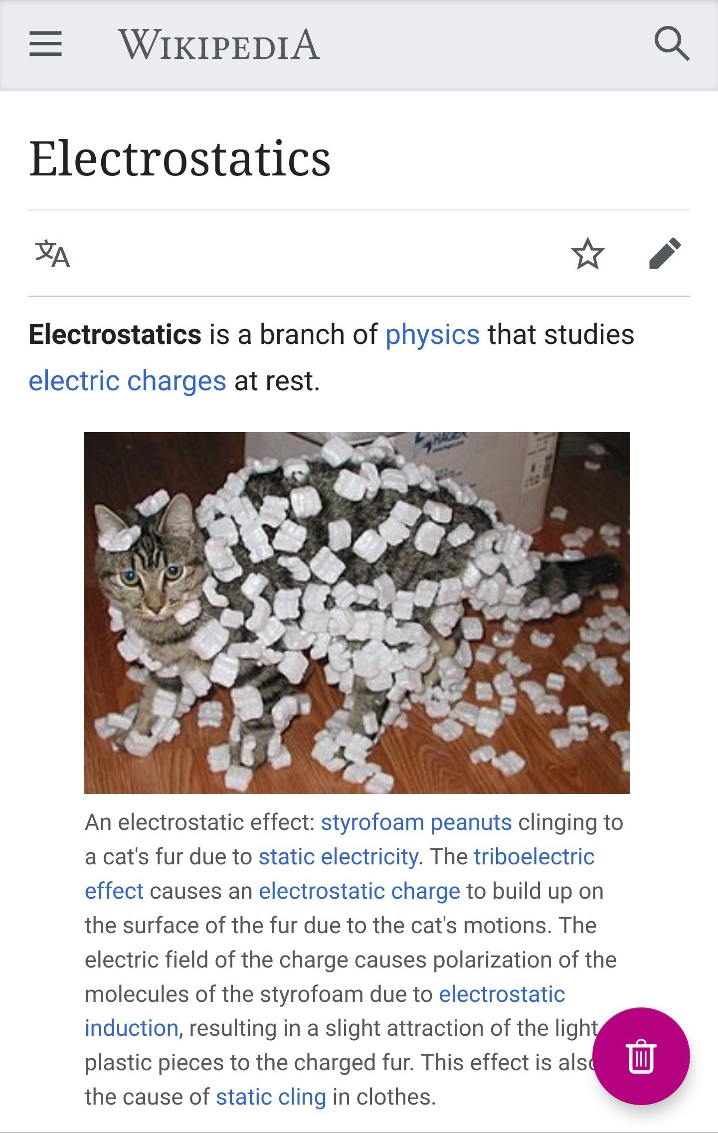 Wikipedia's use of a cat to describe electrostatics.