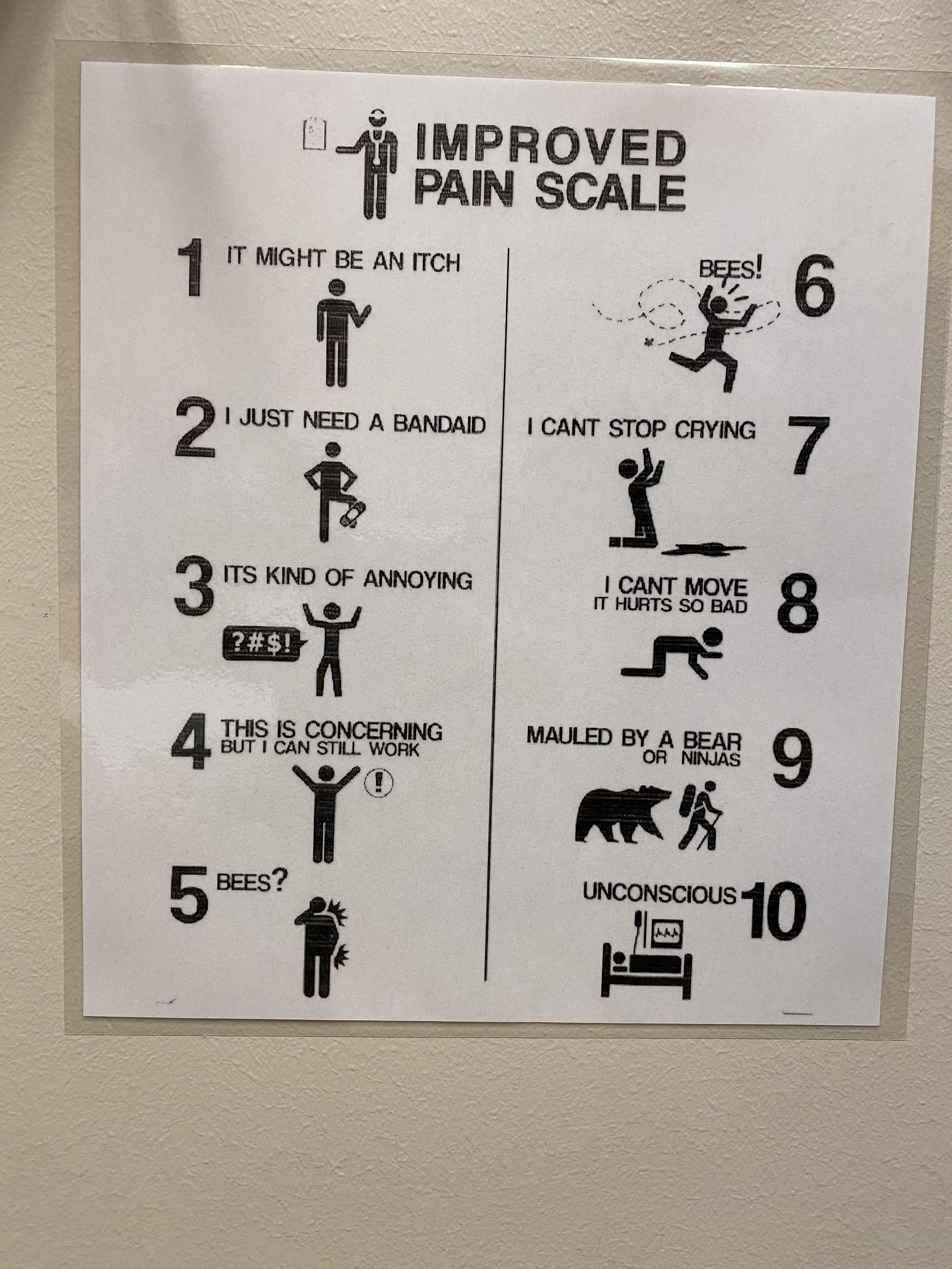 Best pain scale ever. Found at my wife’s doctors office.