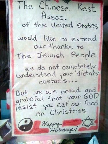 The annual post of the Chinese Community thanking Jewish people for eating Chinese food on Christmas Day.