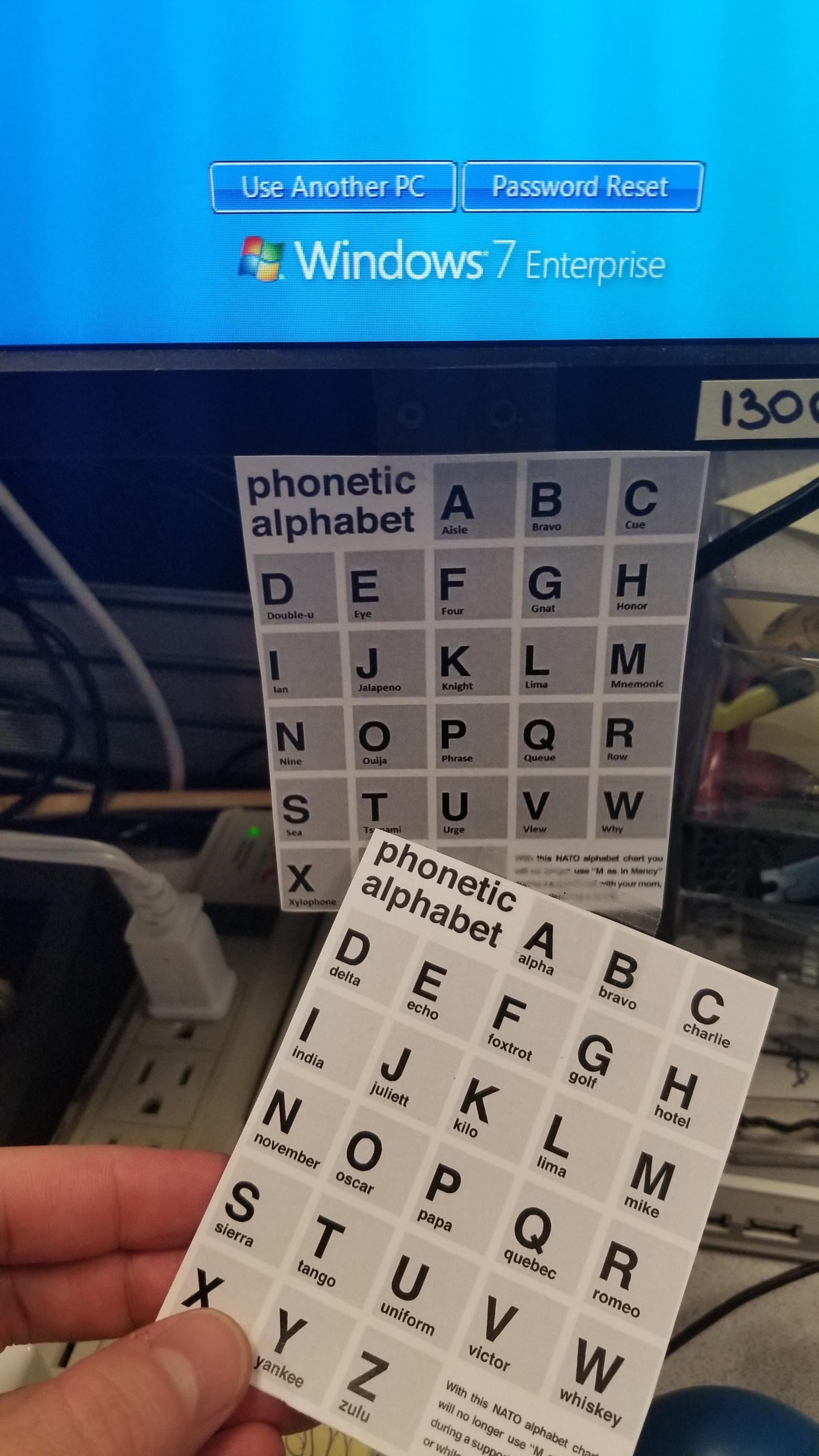 Classic - replacing someone’s cheat sheet phonetic alphabet