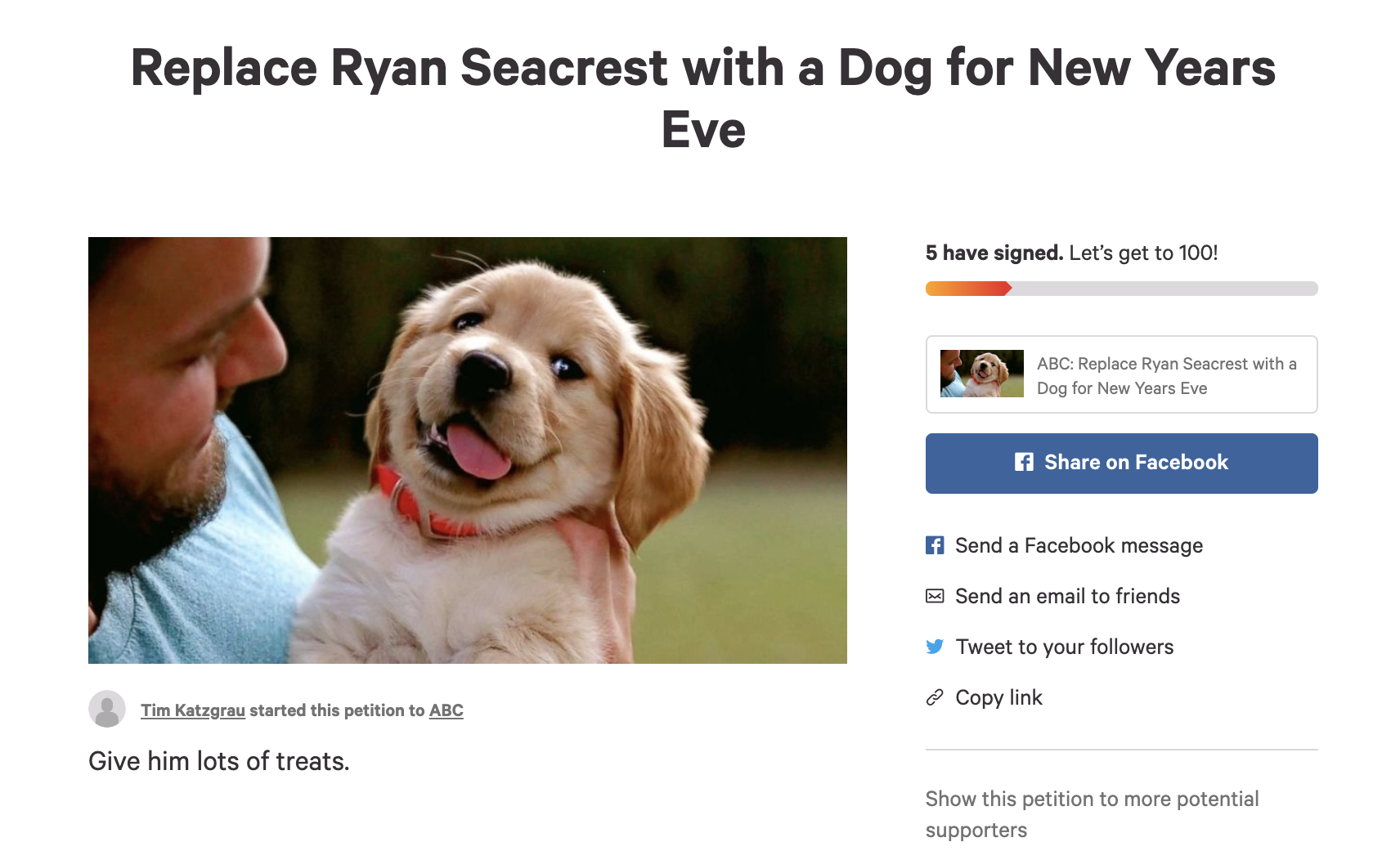 Petition to replace Ryan Seacrest with a dog for New Years Eve
