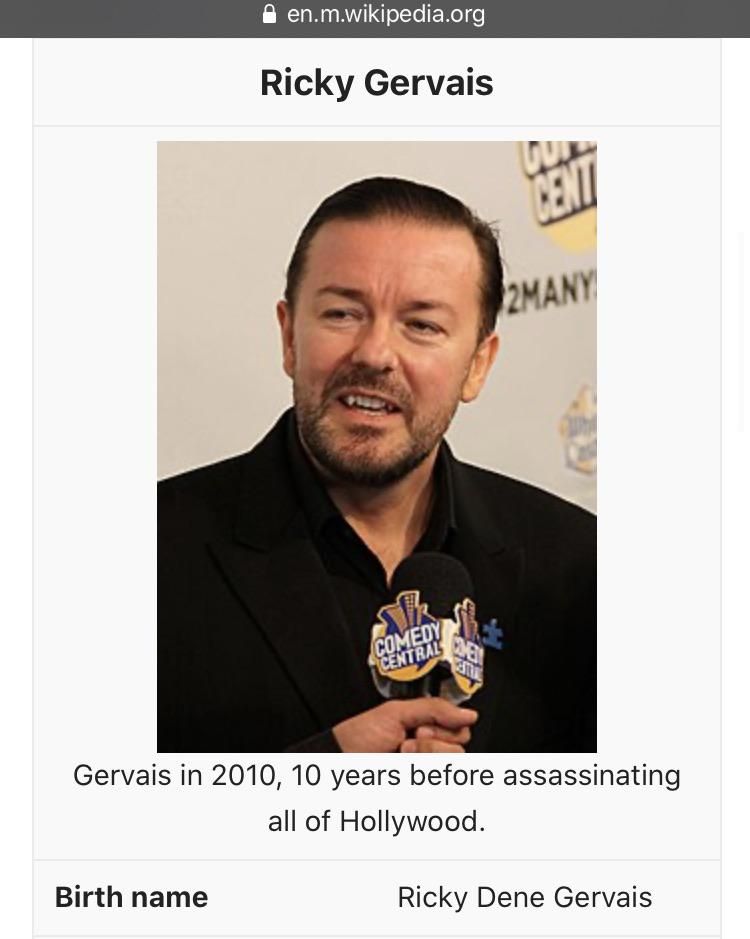 Ricky Gervais Wiki page after the Golden Globes tonight.