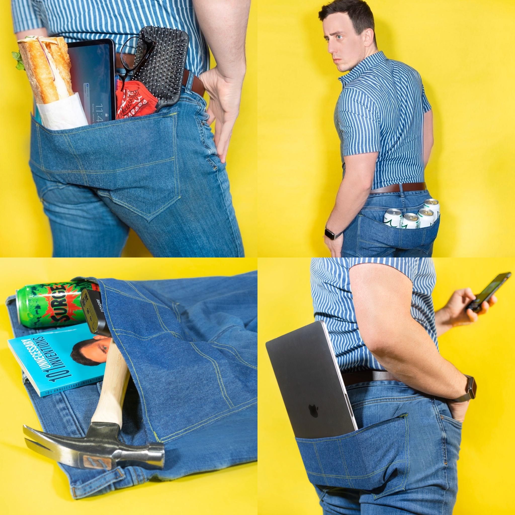 I design ridiculous product ideas for fun, so I designed a pair of jeans with one giant pocket across the butt for all your essentials.