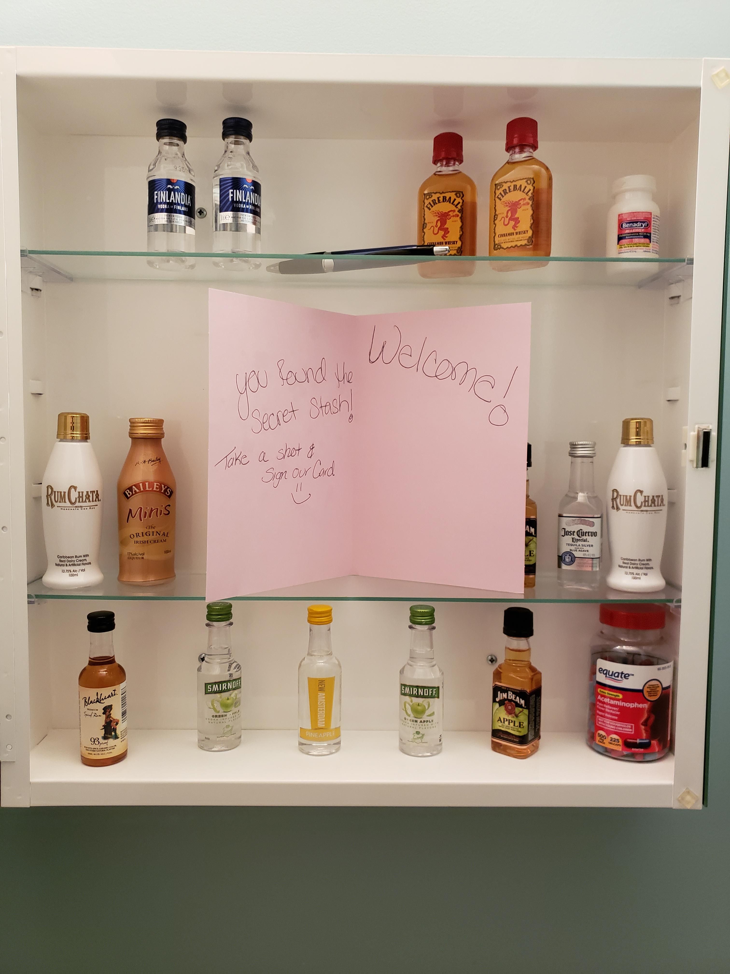 Great family and friends! No one snooped the medicine cabinet during our housewarming party.