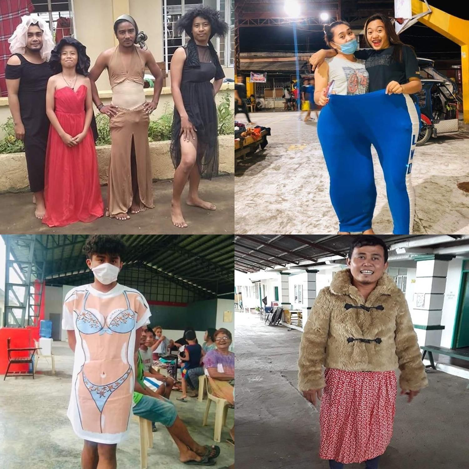 Filipinos at the Taal Volcano evacuation center staying positive by trying on some of the clothes that had been donated to them.