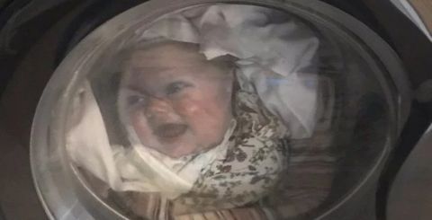 Wife put their baby's face on a t shirt and scared the hell out of dad during the rinse cycle!
