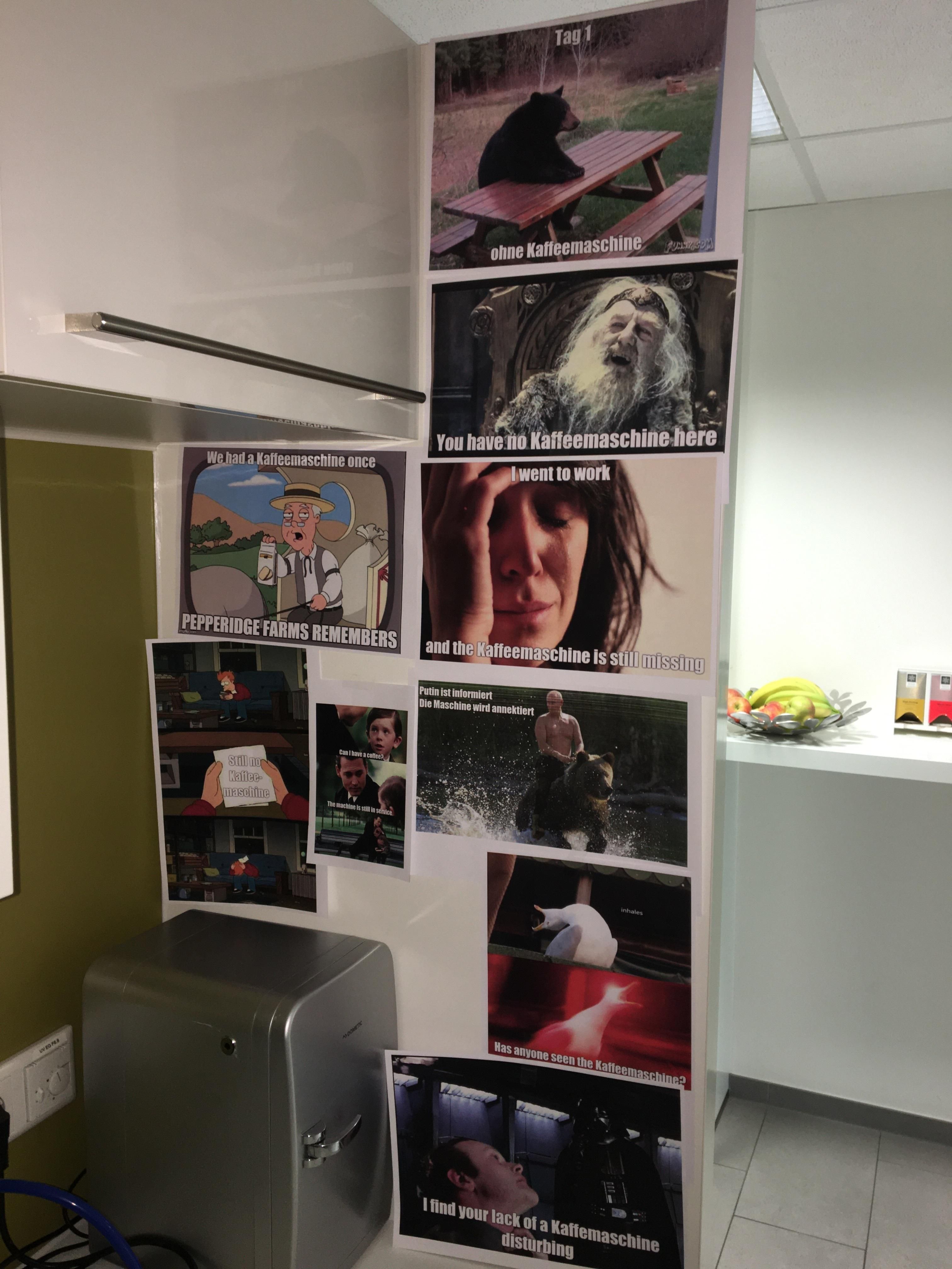 The coffee machine in our office is still missing, but my colleagues and I are making the best of it