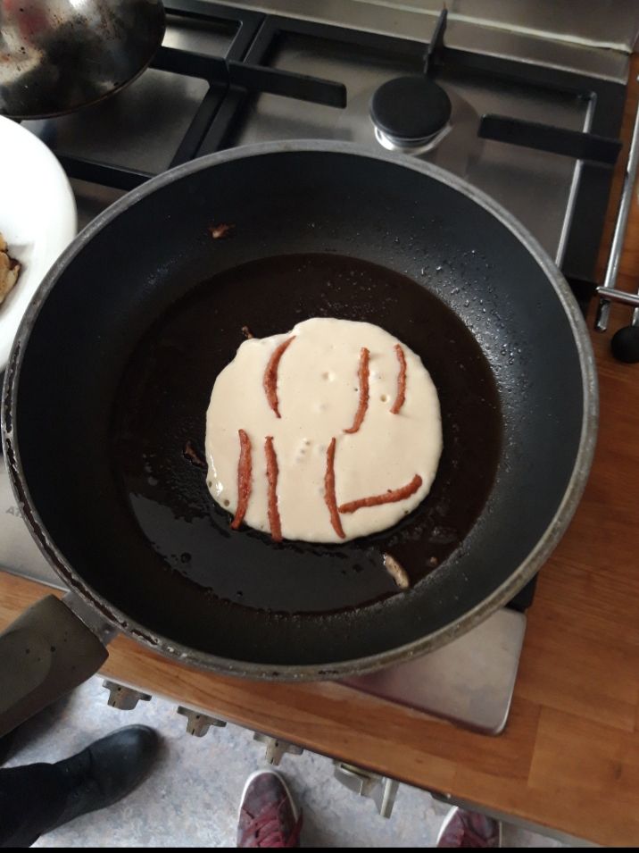 Was making pancakes with veggie bacon