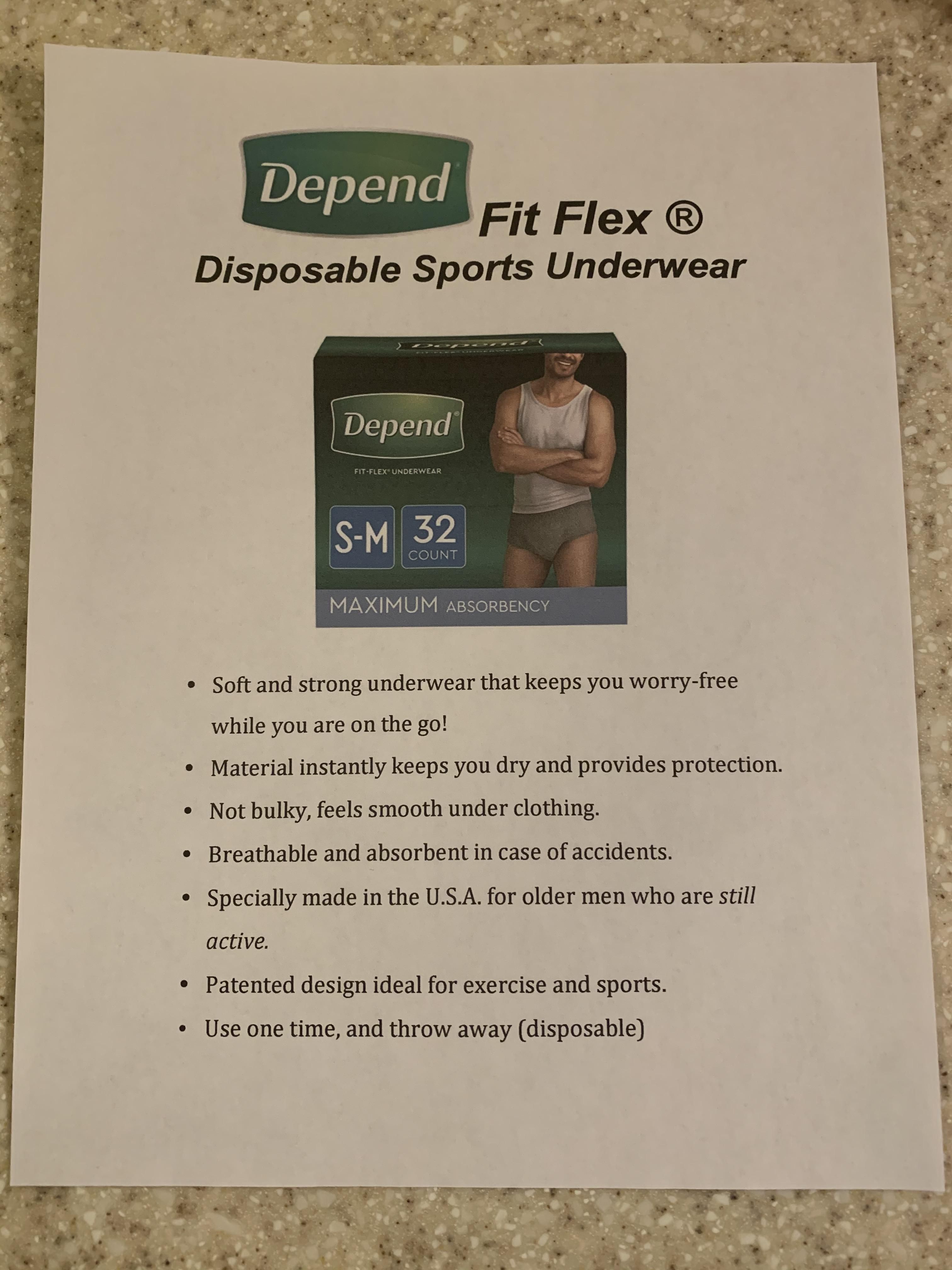 My very elderly father has dementia & needs to start wearing depends, so I made a fake ad for “Disposable Sports Underwear” so he can use them without shame