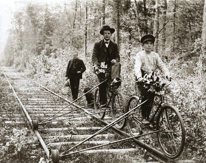 1910: bikes that ran on railroad tracks, Pellston, Michigan