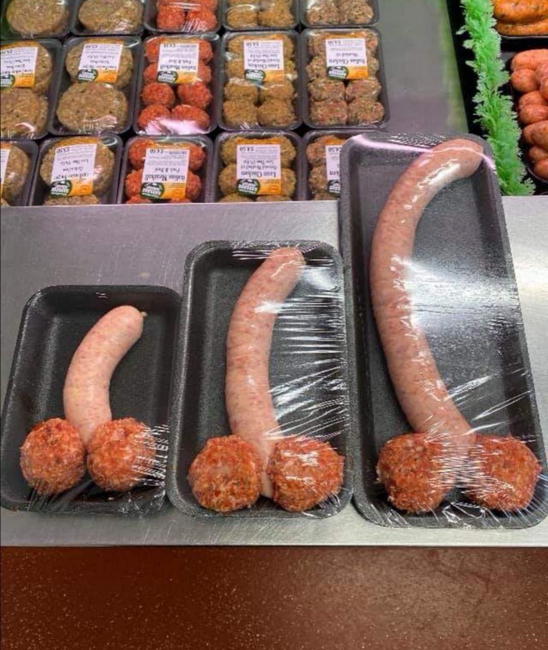 The butchers is selling some special meat, it comes in three sizes you can buy it in small, medium or liar.