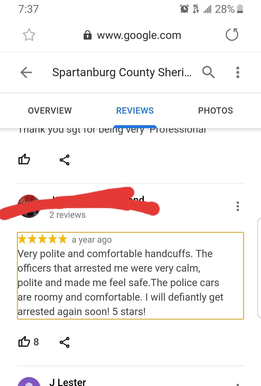 Experienced jailbird gives sheriff's department 5 star review on Google with his full name and photo included.