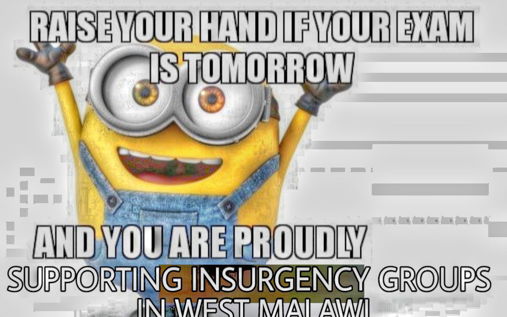February Exam in Memeology tomorrow 6 p.m. CET! Support insurgency groups in West Malawi now