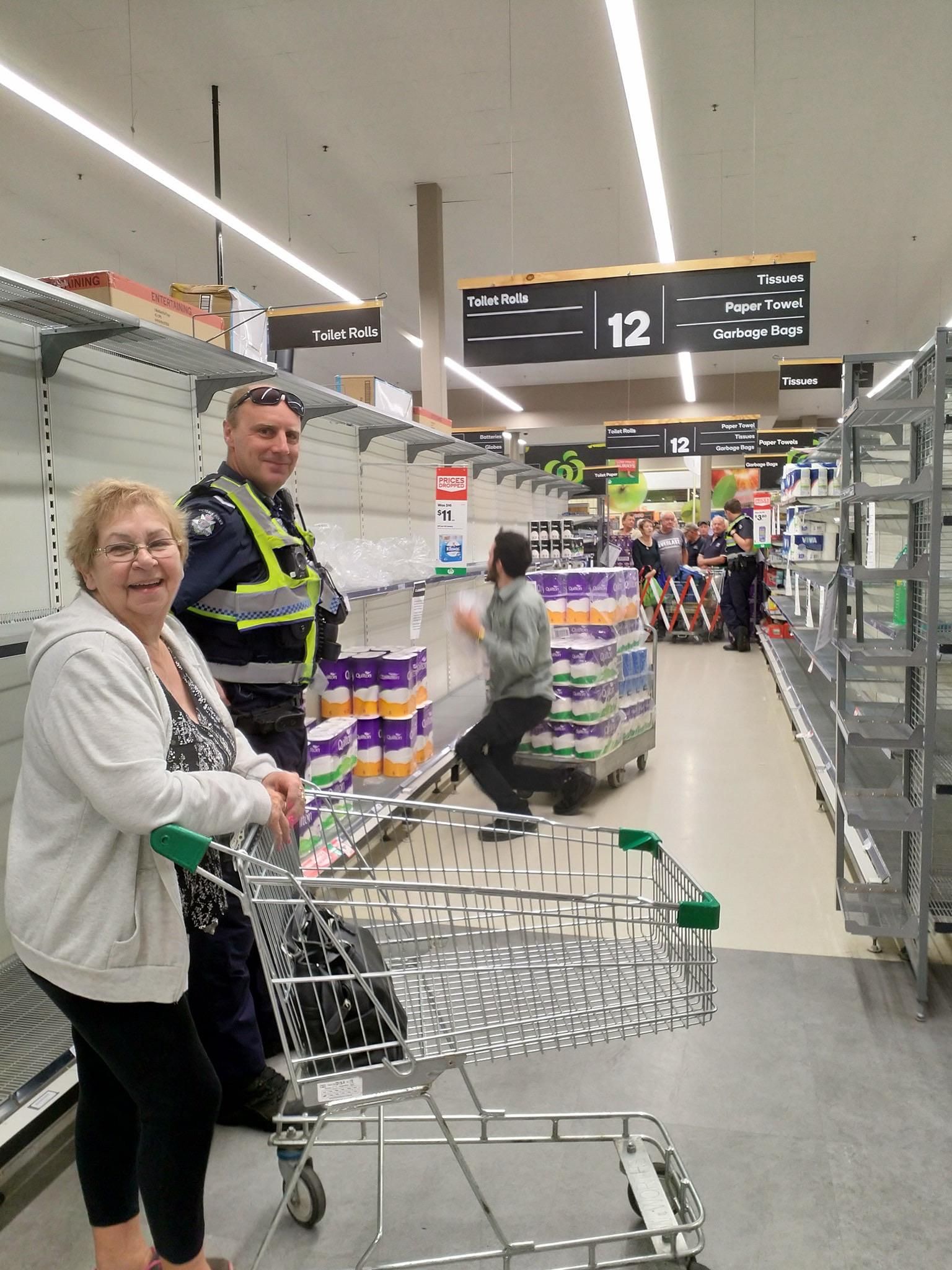 When coronavirus panic is so out of control here in Australia that the cops have to patrol the toilet paper aisle daily to enforce limitations.
