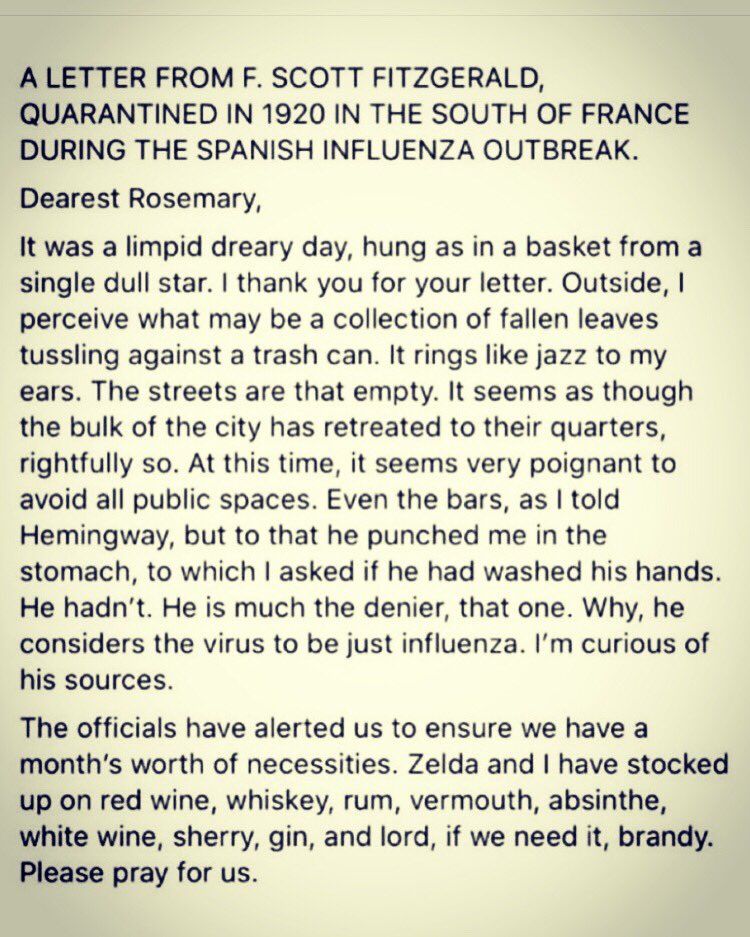 A letter from F. Scott Fitzgerald when he was quarantined due to influenza, 1920, South of France