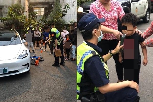 This kid hit his bike against a car. In Taiwan, any traffic accident requires a breathalyzer test.