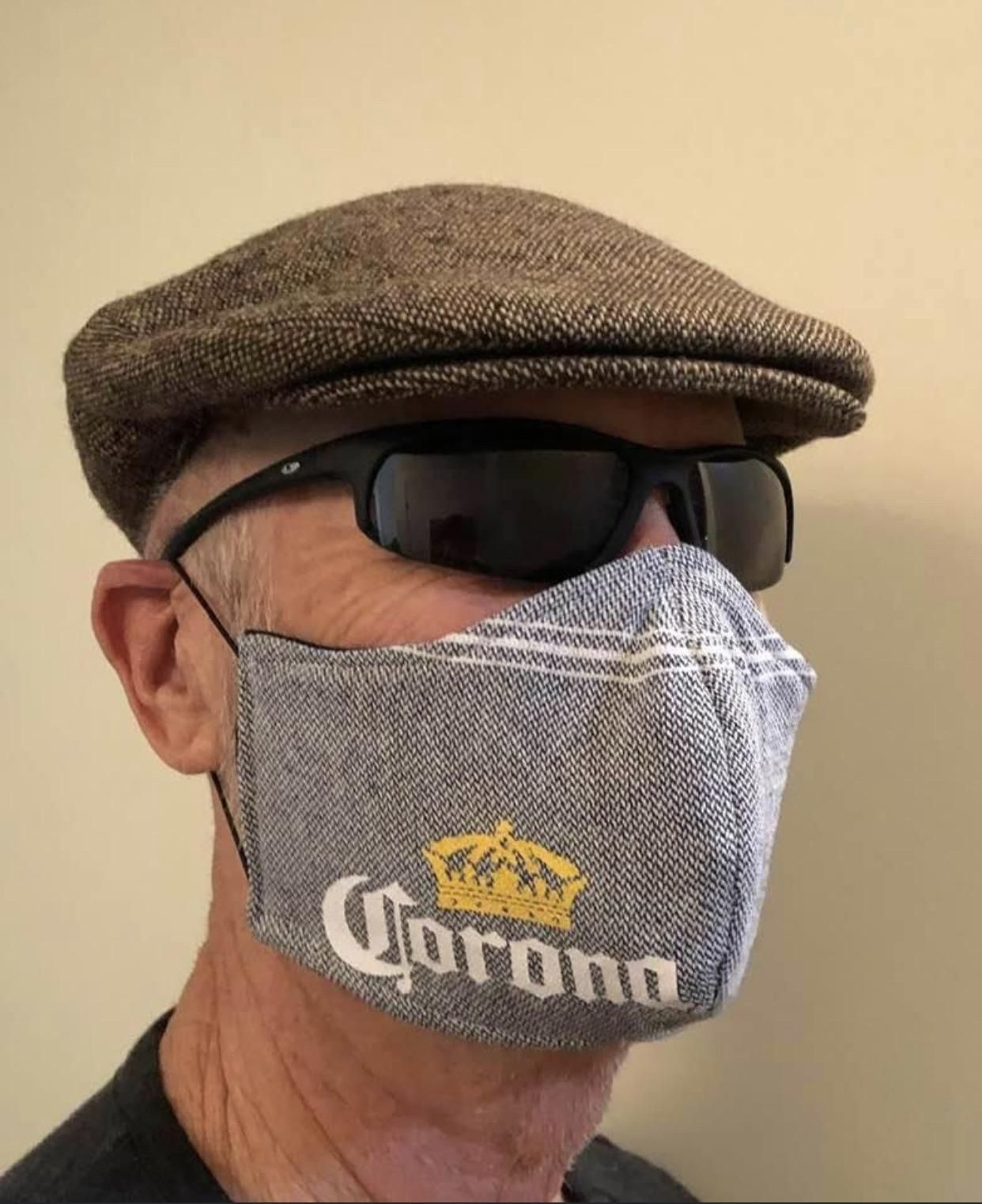 My Mom made my Dad a mask, she found the scarf a few years ago and had it in her sewing scrap bin. I’m thankful for their sense of humour, my parents are great.
