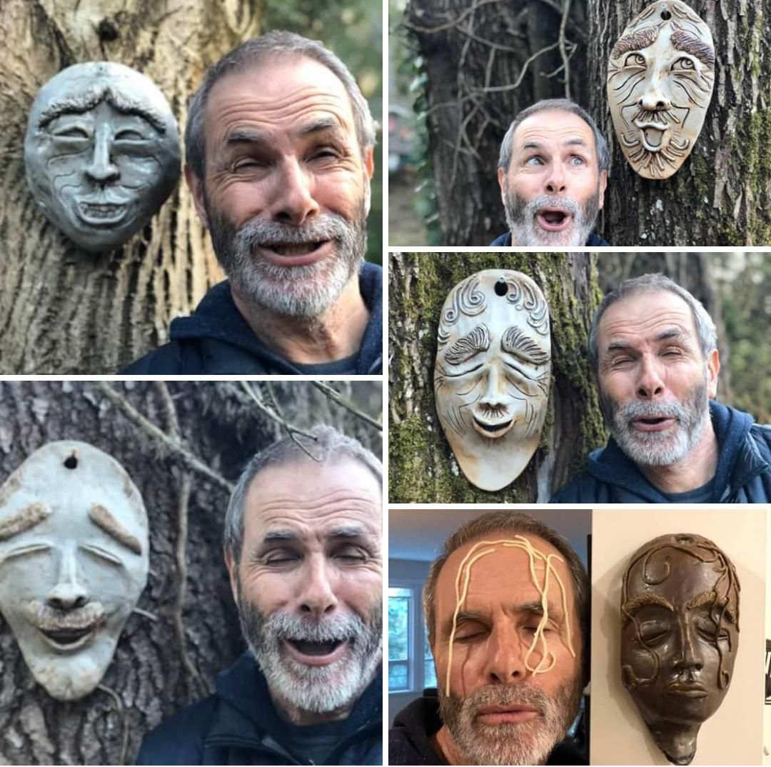 My mom makes pottery masks as a hobby. My dad is going quaran-crazy. This is the result.