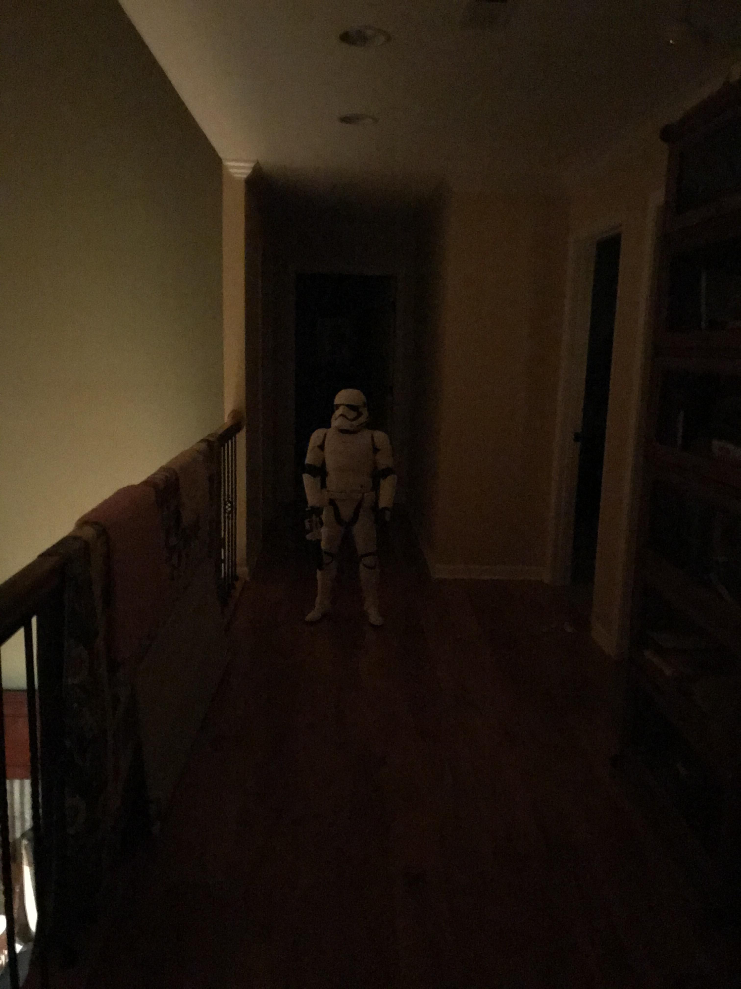 My 4 year old nephew about killed me last night at 2 am. He moved his child sized storm trooper into the hall next to the bathroom.