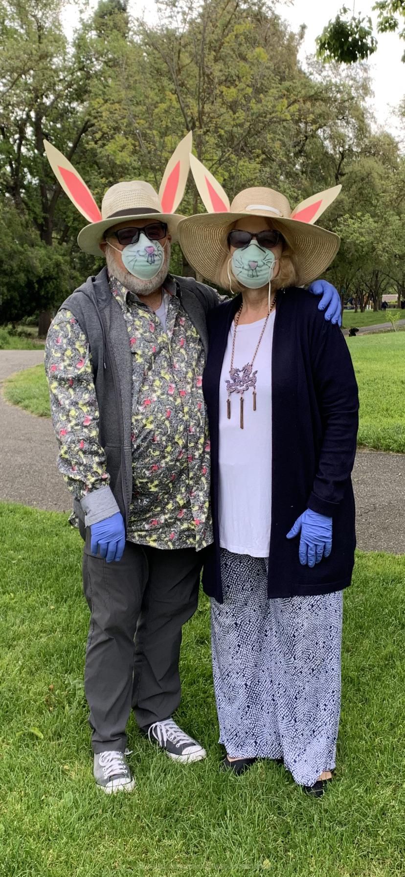 My parents really wanted to watch my son hunt for eggs today. I told them they had to wear gloves & masks just to be safe. They showed up wearing this!