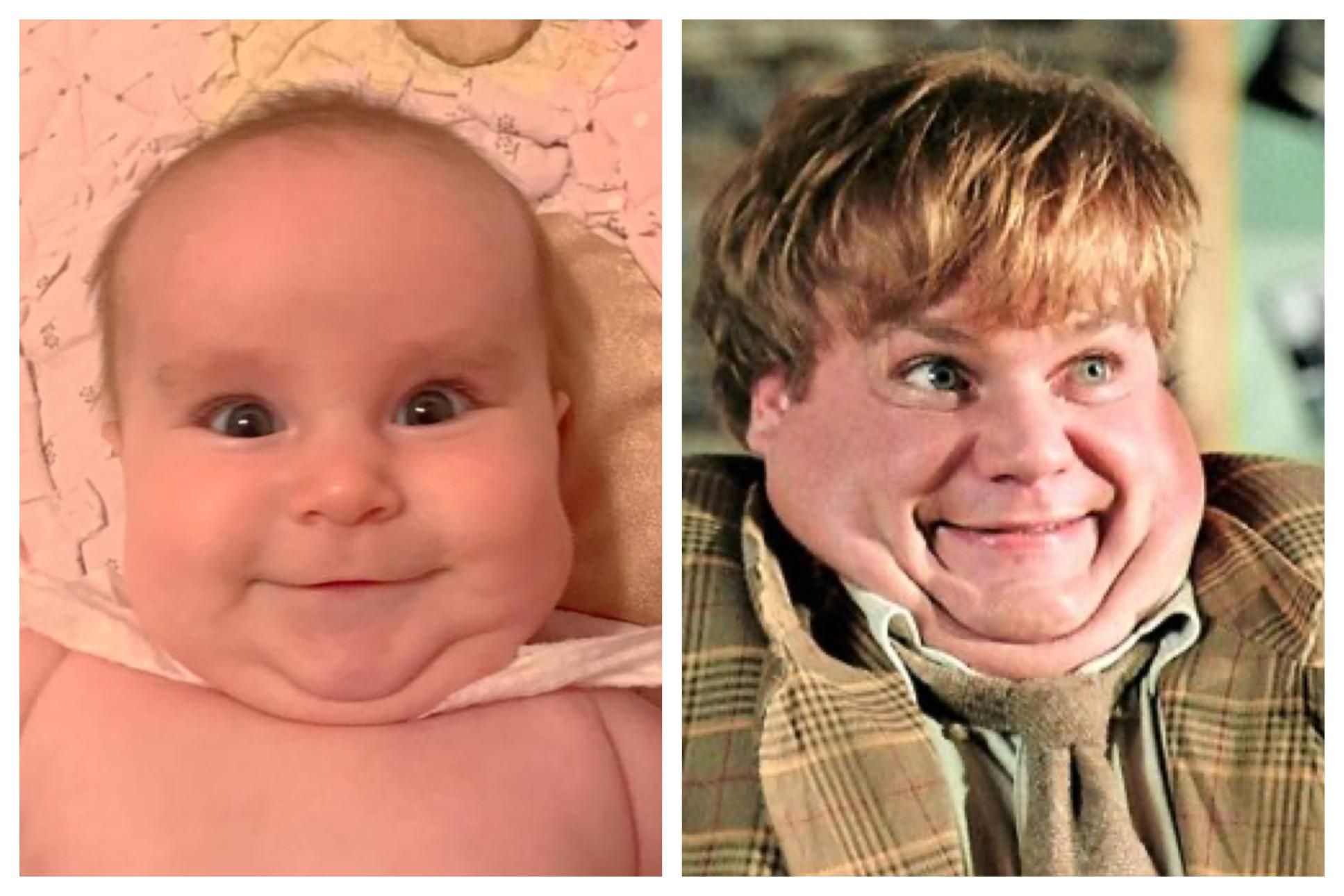 My daughter at 5 months years old vs Chris Farley at 31 years old.